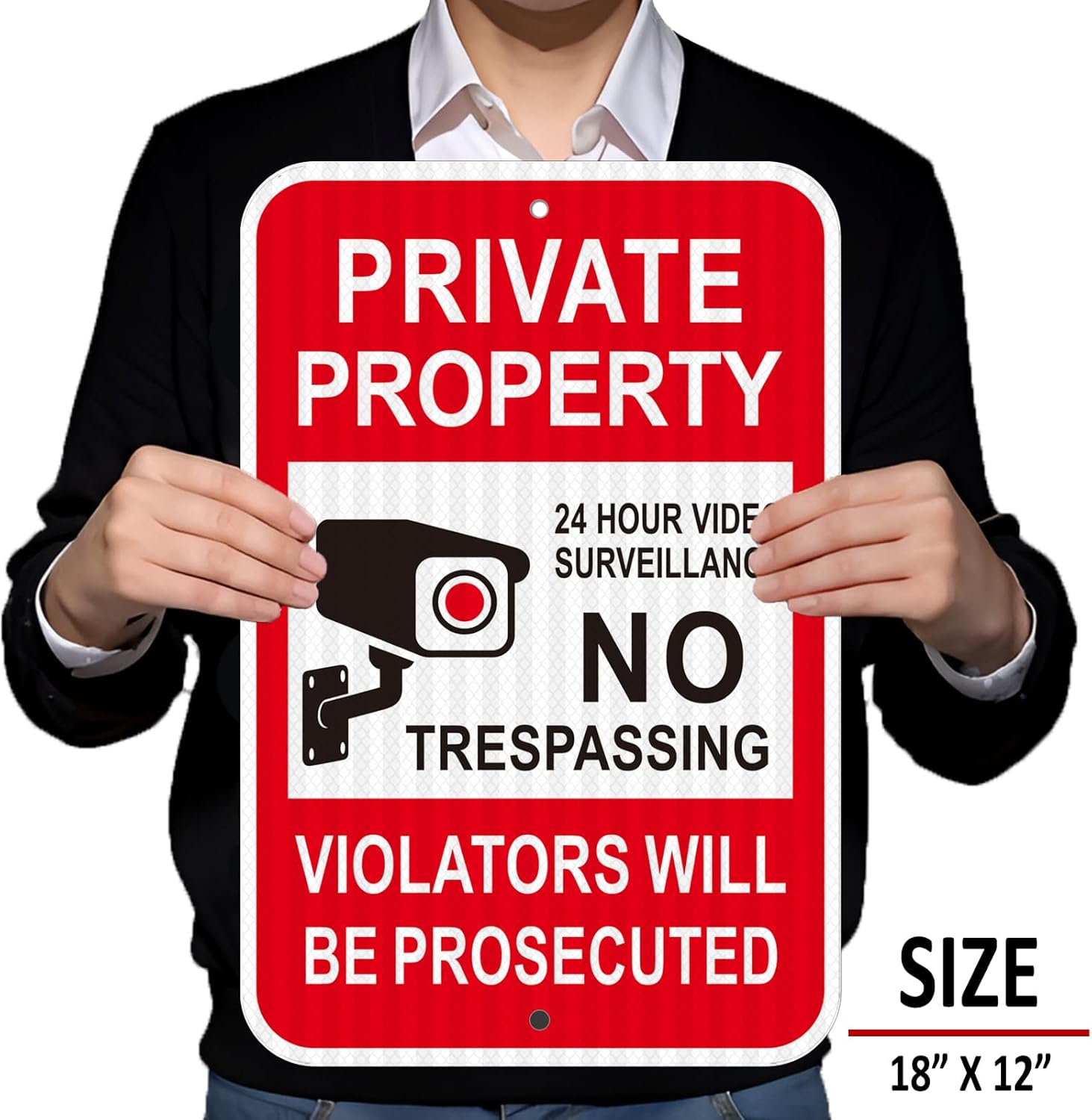 (4 Pack) Reflective Aluminum No Trespassing Signs Private Property, 18" x 12" Heavy-duty Metal Video Surveillance Sign Outdoor, Large Keep Out Violators Will Be Prosecuted, Rust-free, No Fade, Weatherproof, Easy to Mount