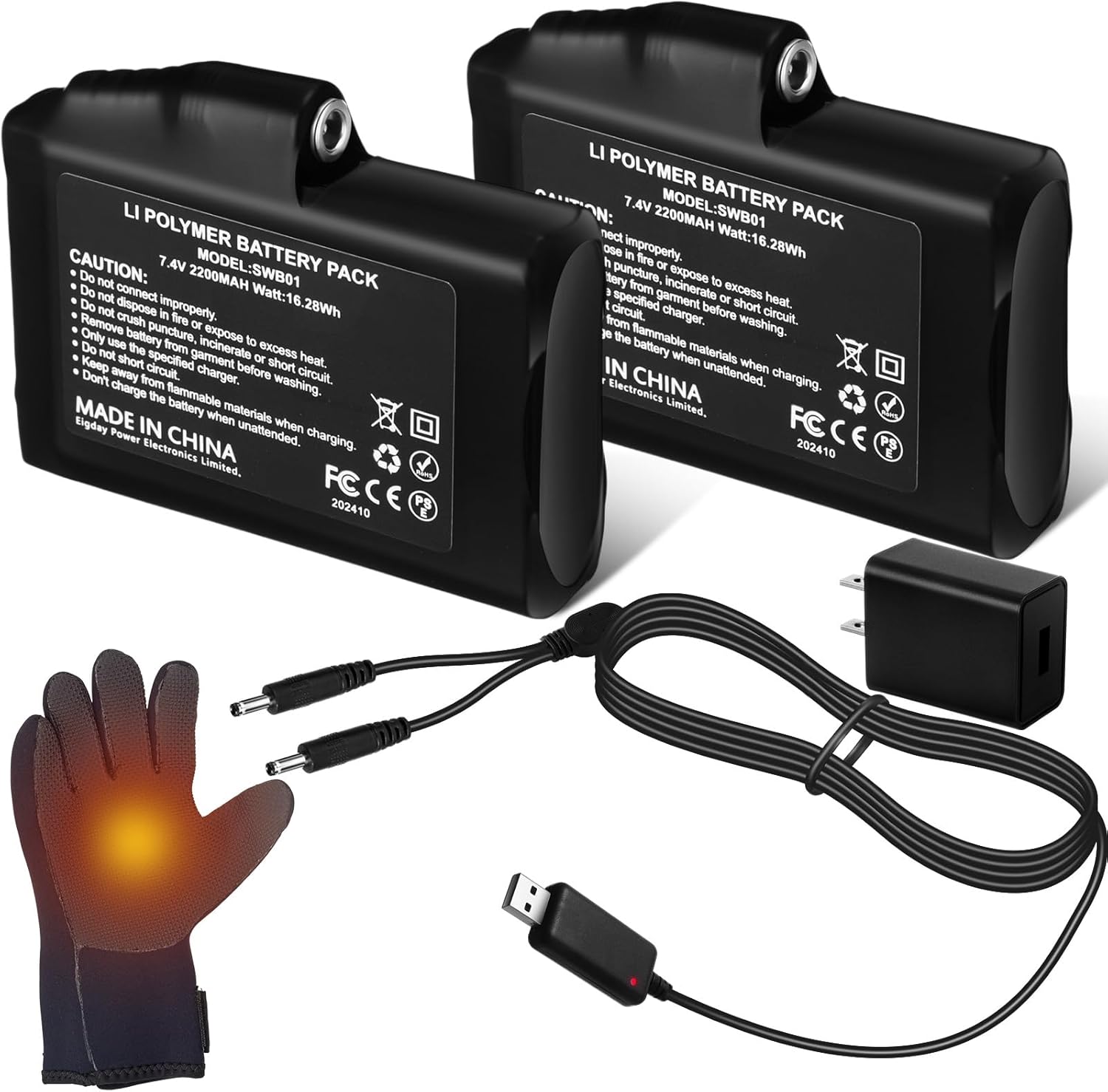 4 Pcs 7.4 Volt Rechargeable Li-ion Battery and 8.4 Volt Dual Heated Glove Charger USB Replacement Battery for Heated Socks Jackets Mittens Boot Vest Hat