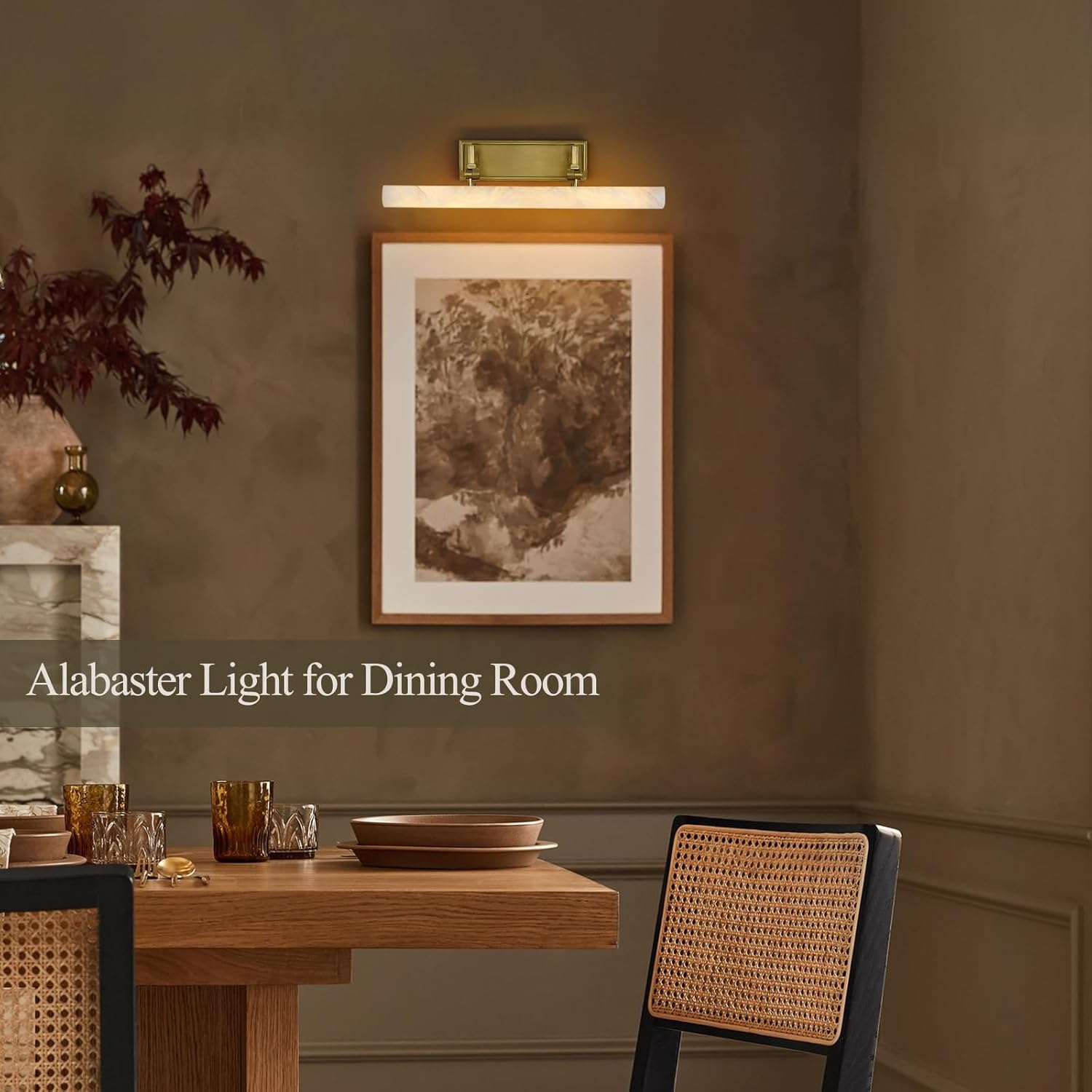 20in Alabaster Picture Light for Wall Art, Brushed Gold Art Display Light, Natural Marble Bathroom Vanity Lights, Modern Dimmable Brass Hardwired Picture Frame Light for Paintings, Poster, Library
