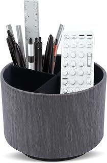 Round Leather Art Supply Organizer,Remote Control Holder,360 Degree Spinning,Multi-Functional Pencil Holder,4 Compartments Desktop Stationary Organizer(1-Thin Wood Black)