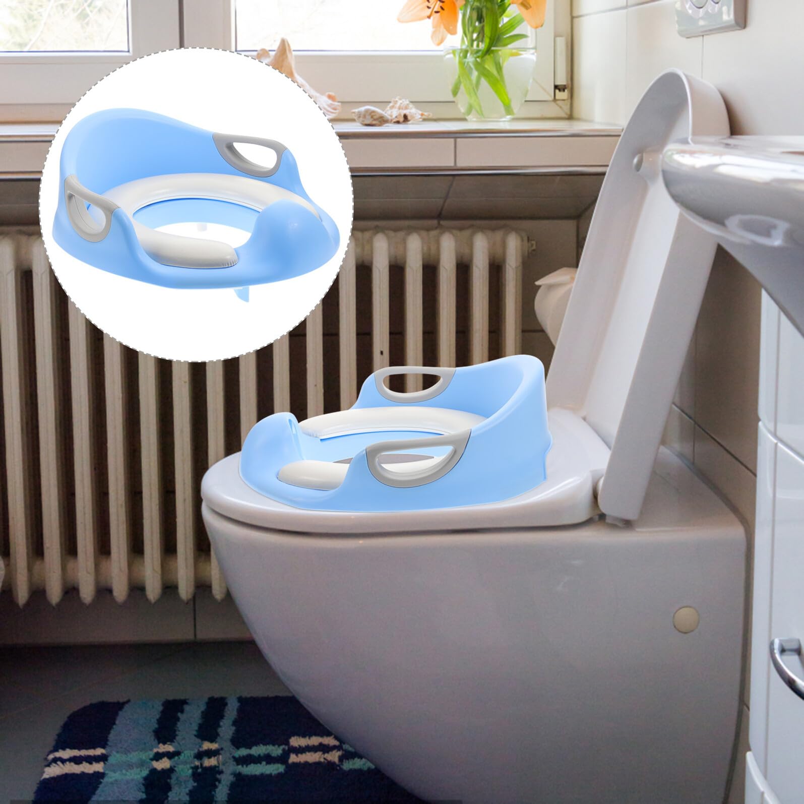 Asiento de Inodoro Infantil Azul de Pu Asas Grandes | Antideslizante, para Entrenamiento del Baño, Almohadillas Antideslizantes