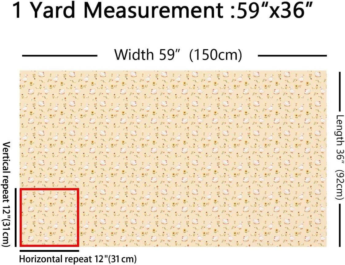 Goose Chicken Craft Fabric No Stretch,Strawberry Ladybug Flower Polyester,Cute Cartoon Farmhouse Washable Material for Handmade Supplies,A-Cream Yellow White 1 Yard Pre-Cut,36" L x 59" W image 2
