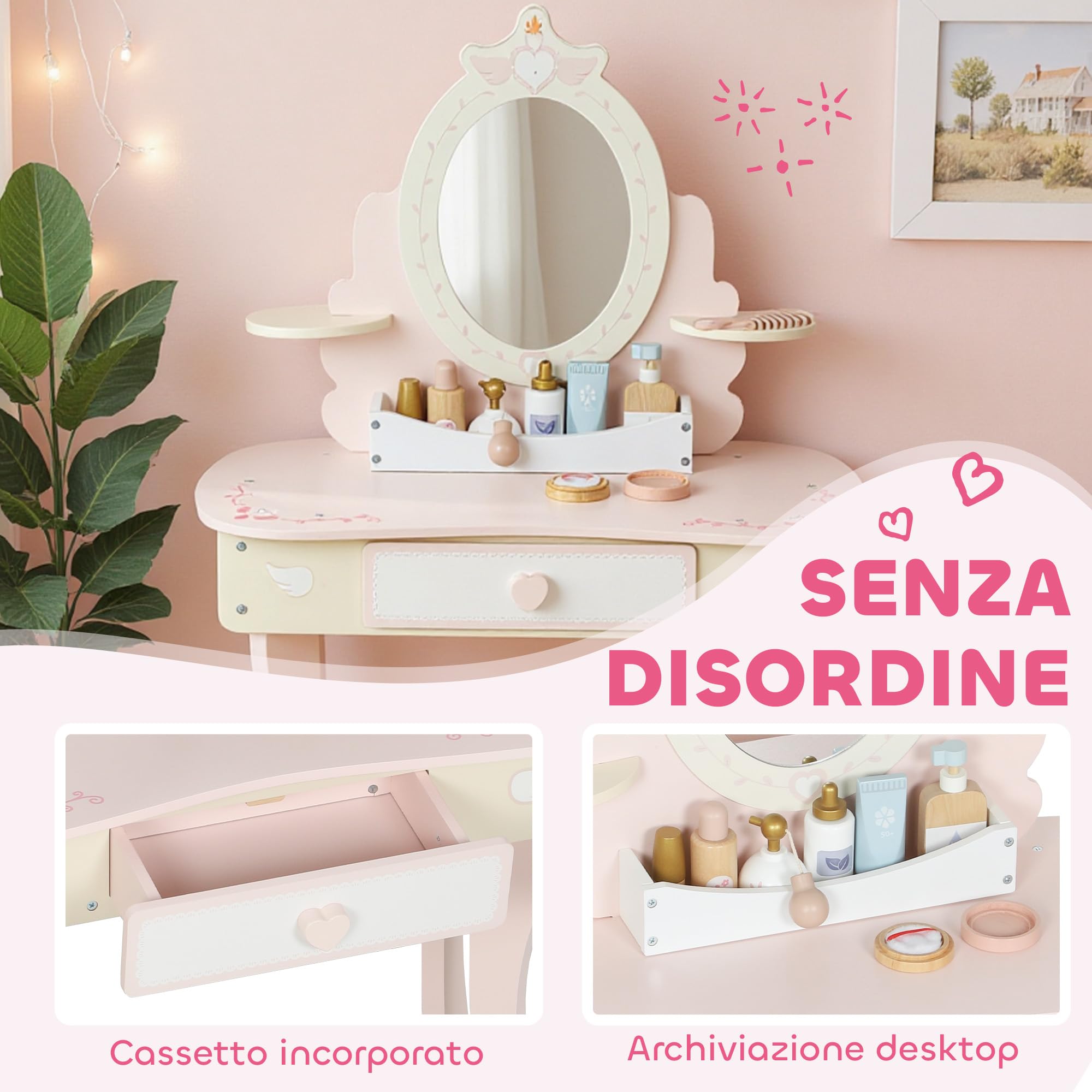 AIYAPLAY Set Toeletta con Specchio e Sgabello in Legno per Bambini, Tavolo da Trucco 2 in 1 Convertibile in Scrivania, 7 Accessori Inclusi, Rosa