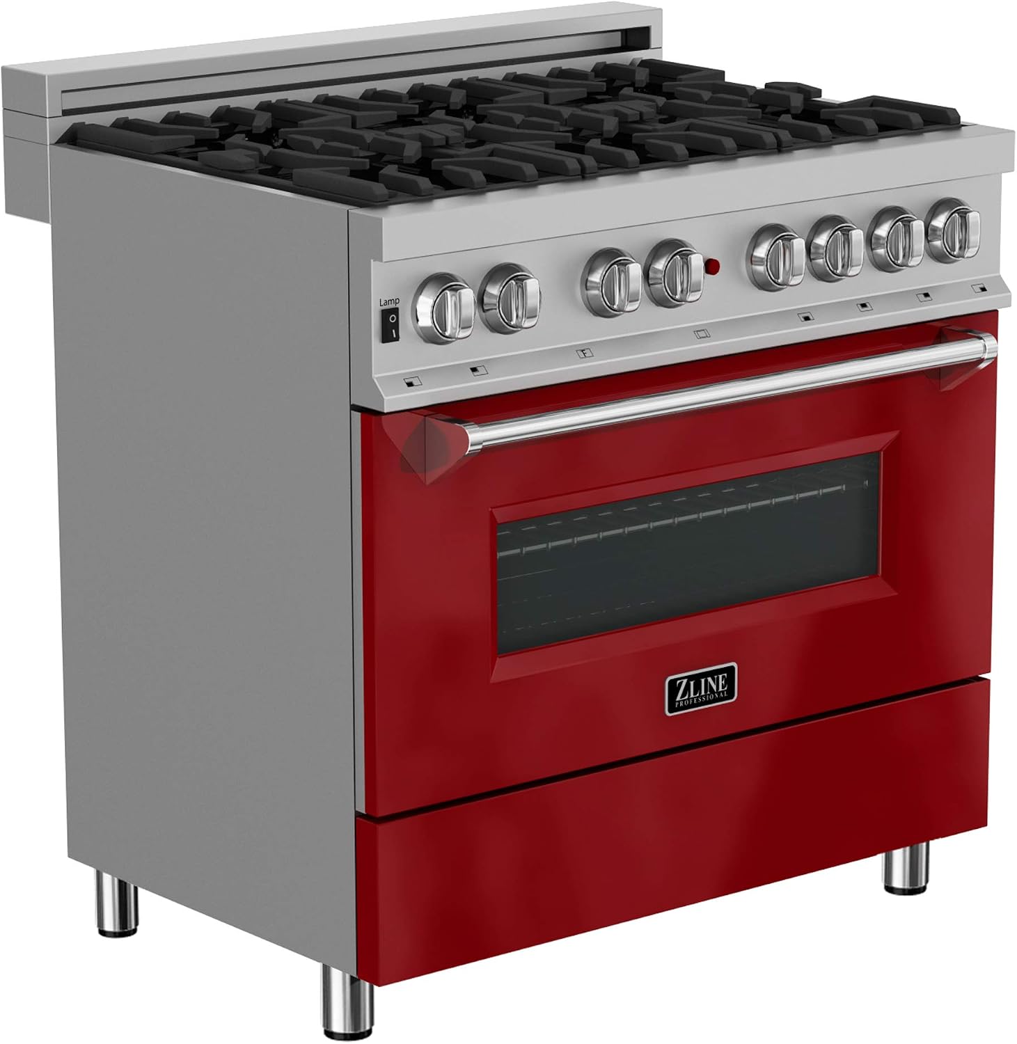 ZLINE 36 in. 4.6 cu. ft. Legacy Dual Fuel Range with 6 Burner Gas Cooktop and Electric Convection Oven in Satin Stainless Steel and Red Gloss Door (RAS-RG-36)