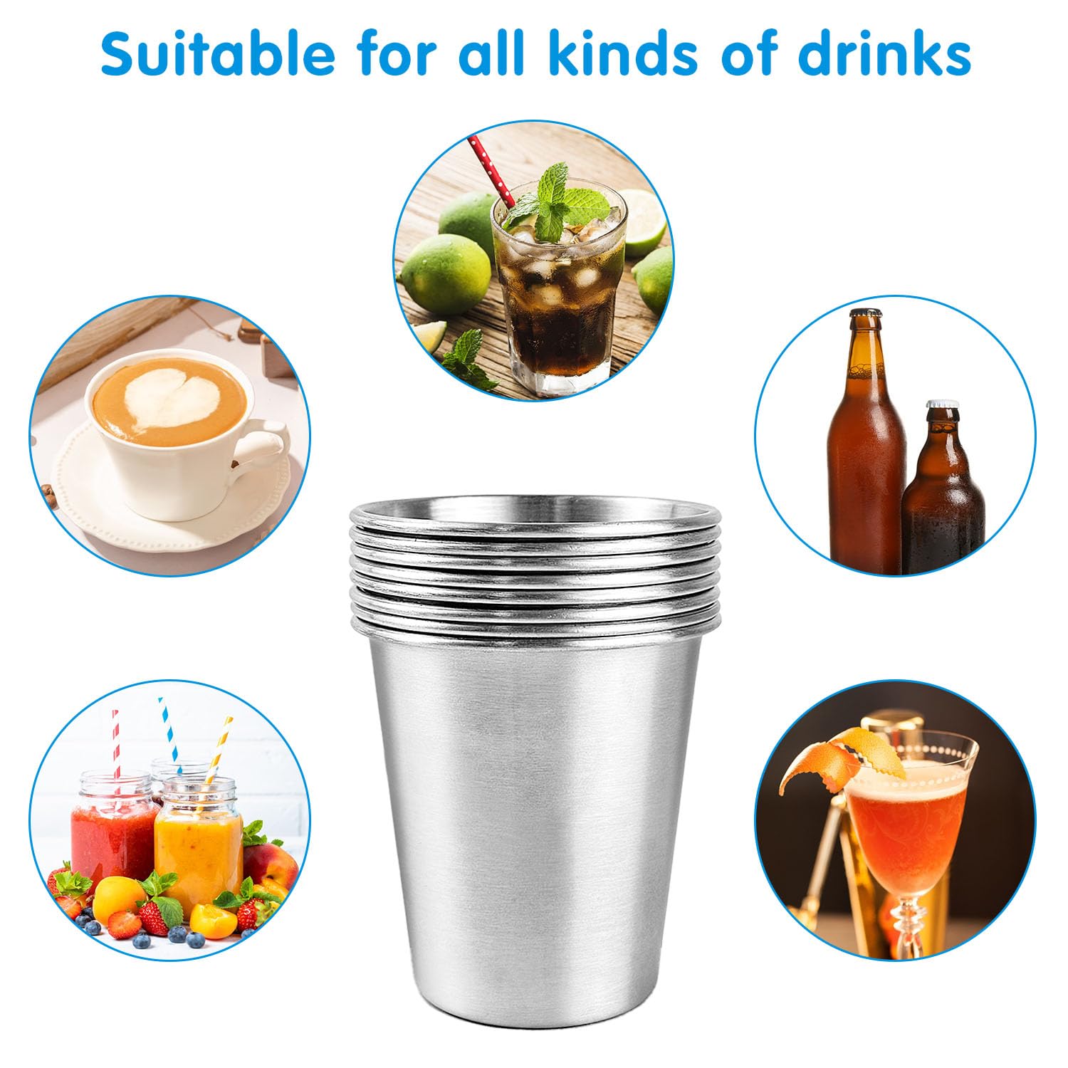 8 filiżanek ze stali nierdzewnej o pojemności 260 ml, kubki kempingowe, metalowe kubki bez uchwytu, ze stali nierdzewnej, na urodziny, piknik, kubek podróżny, nietłukący się, nie zawiera BPA