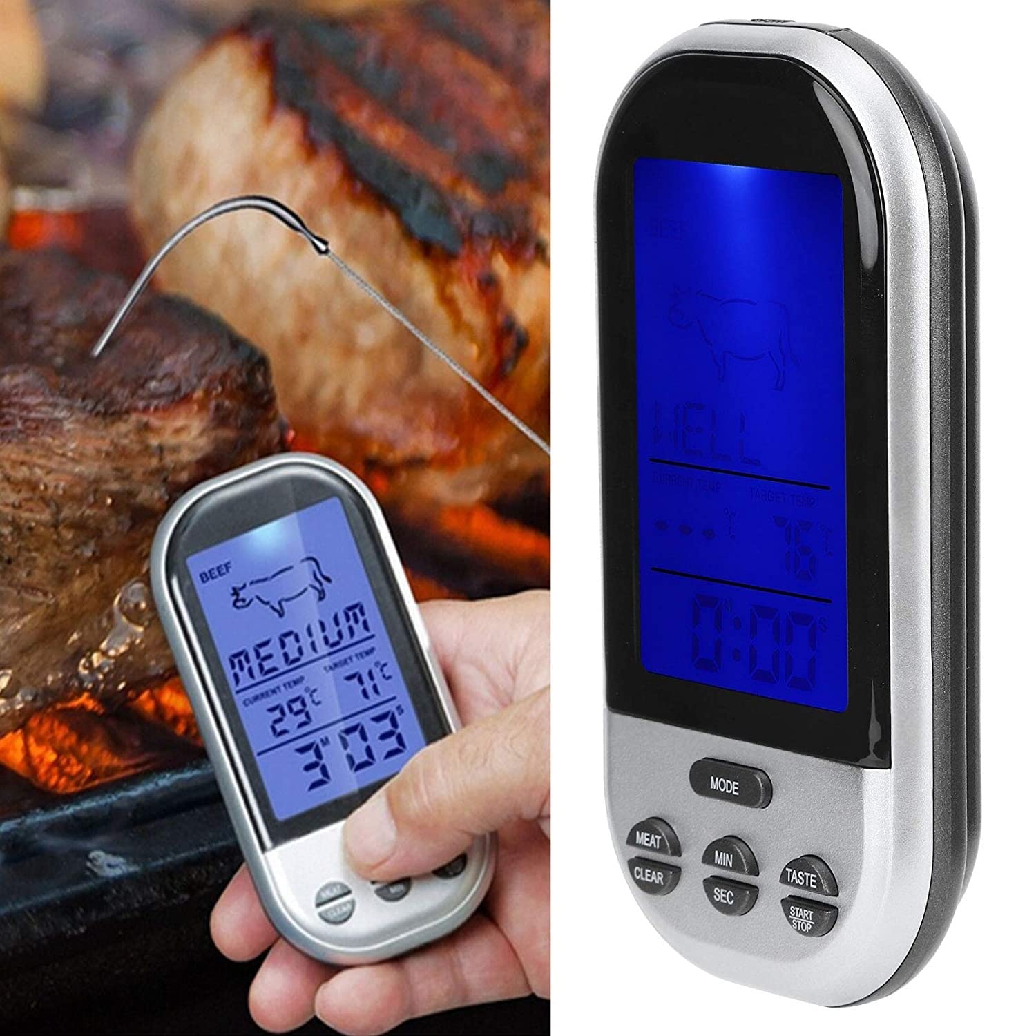 Bezprzewodowy elektroniczny cyfrowy termometr kuchenny z długą przewodową sondą, | Tryb timera, do grillowania, grillowania, gotowania w domowej kuchni