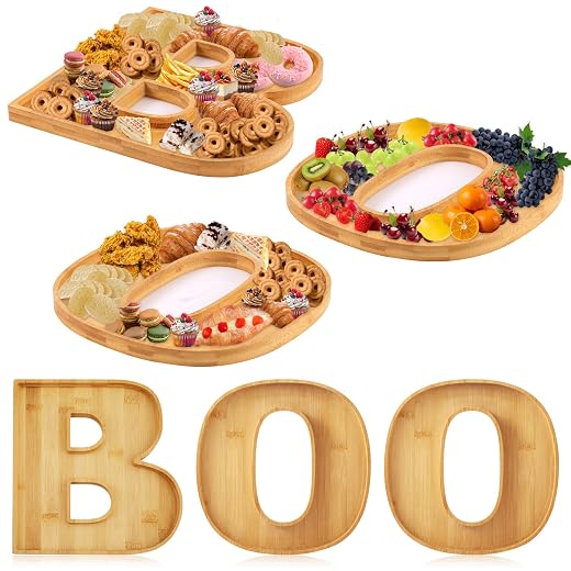3pcs Halloween Charcuterie Board, BOO Halloween Cheese Board Wooden Halloween Serving Platter Snack Trays Dinnerware Cookware for Home Kitchen Candy Cookie