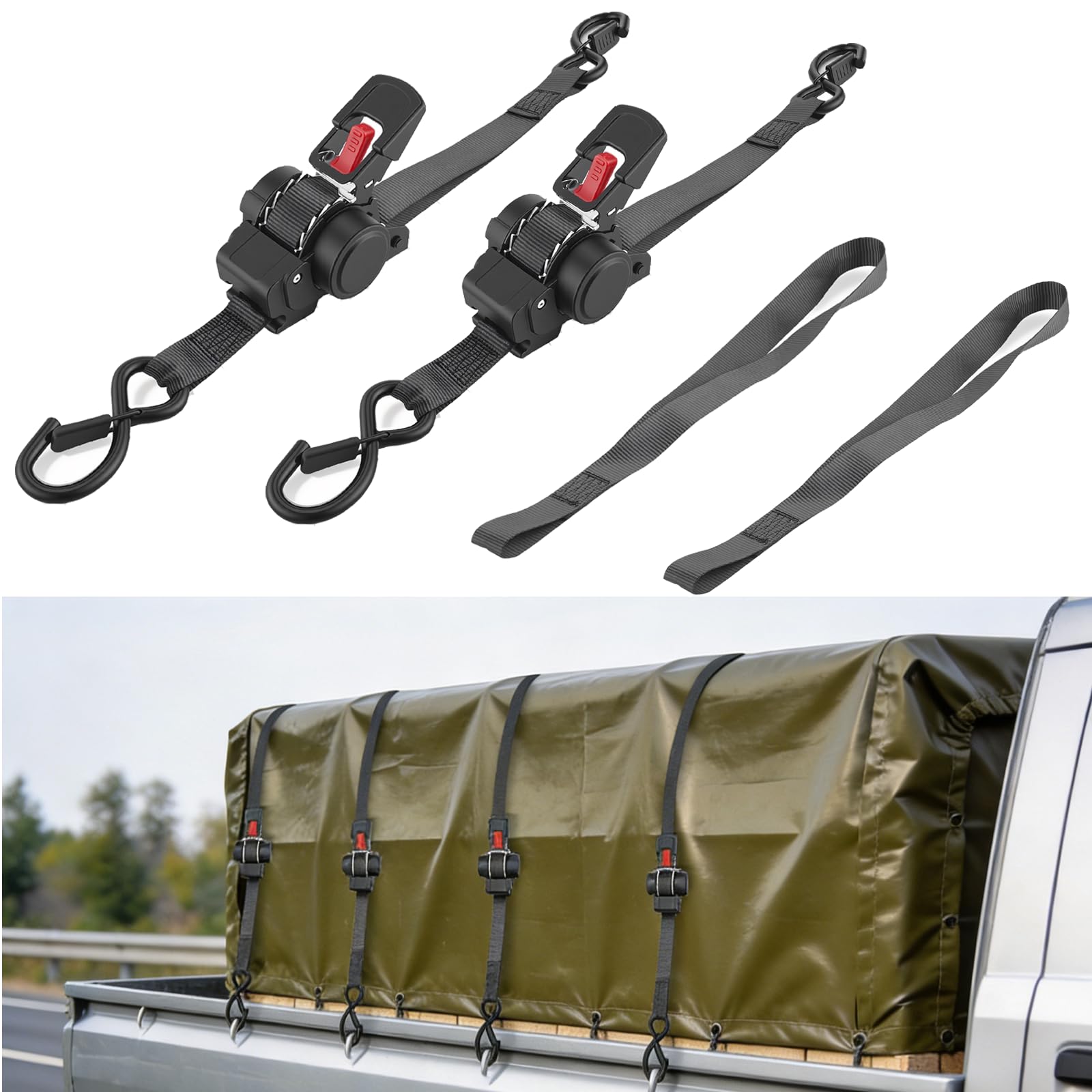 Cinghie a Cricchetto Automatiche, Set da 2 Cinghie di Fissaggio per Moto, 3,5 m x 25 mm, Portata 680 kg. Cinghia di Ancoraggio con Ganci a S per Camion, Auto, Rimorchi, Motociclette, Barche