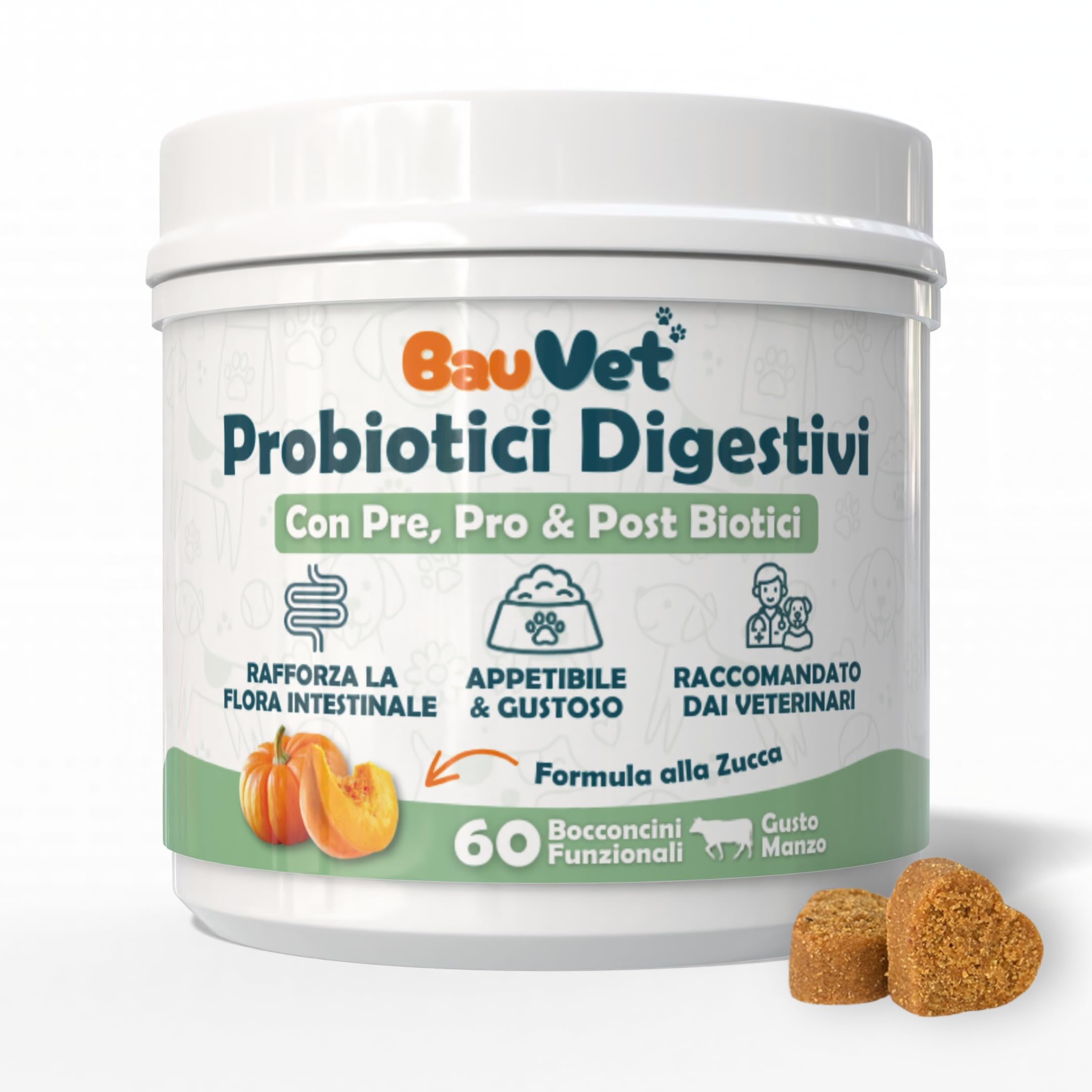 Probiotici Digestivi per Cani | Integratore con Pre, Pro & Post Biotici | Supporto Digestione, Flora Intestinale e Difese Naturali | 60 Bocconcini Gusto Manzo