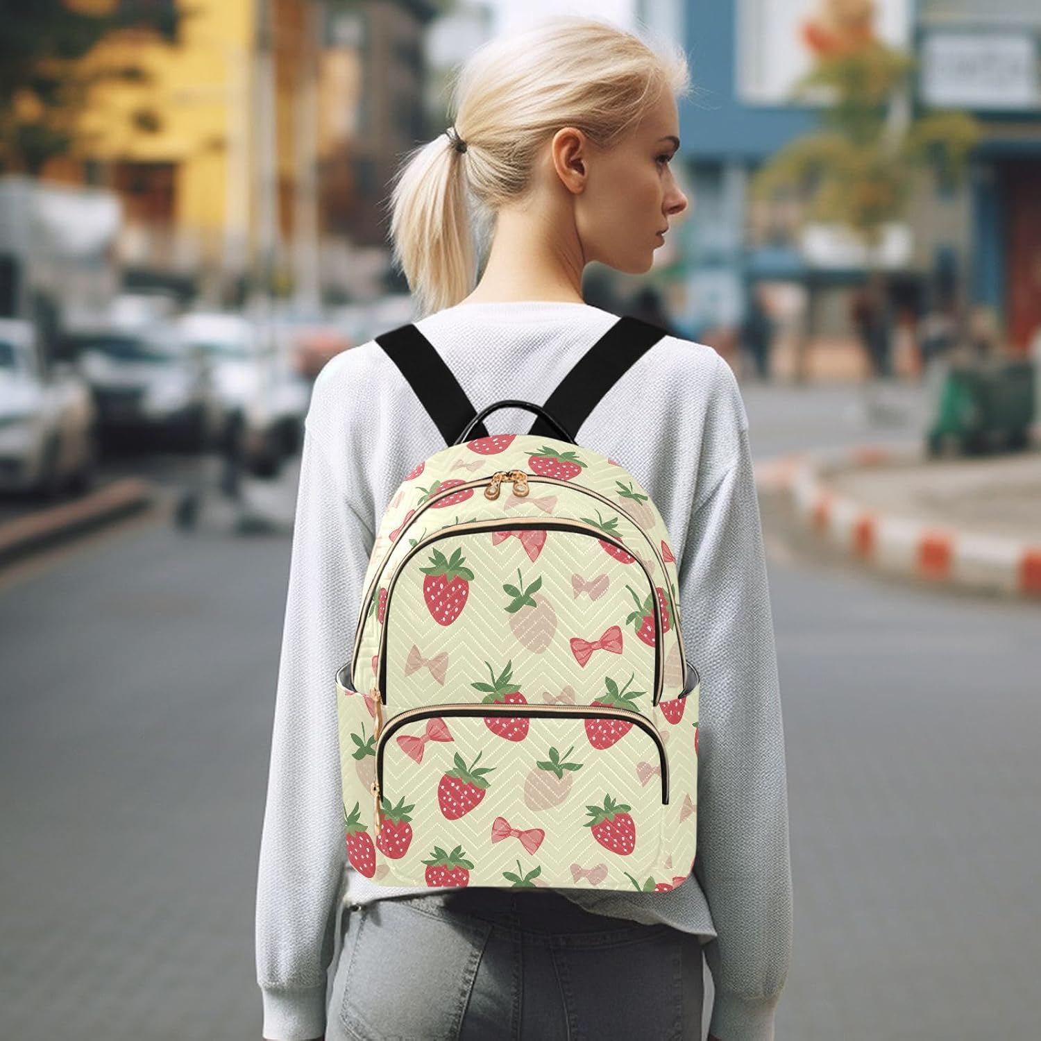 Strawberry Bow on Yellow Backpack Purse for Women Shoulder Bag Fashion Daypack Ladies Handbag Lightweight Travel Bag Rucksack