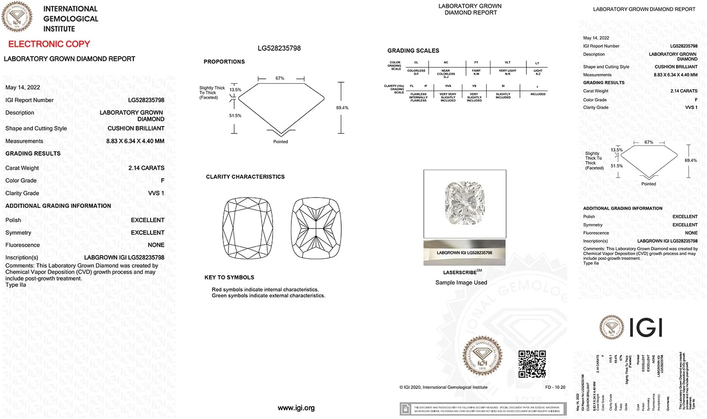 IGI Certified Laser Inscribed Loose Cushion Cut Lab Grown Diamond (2.14ct, VS-SI G-H) For Engagement Ring, Pendant, Necklace, Earring