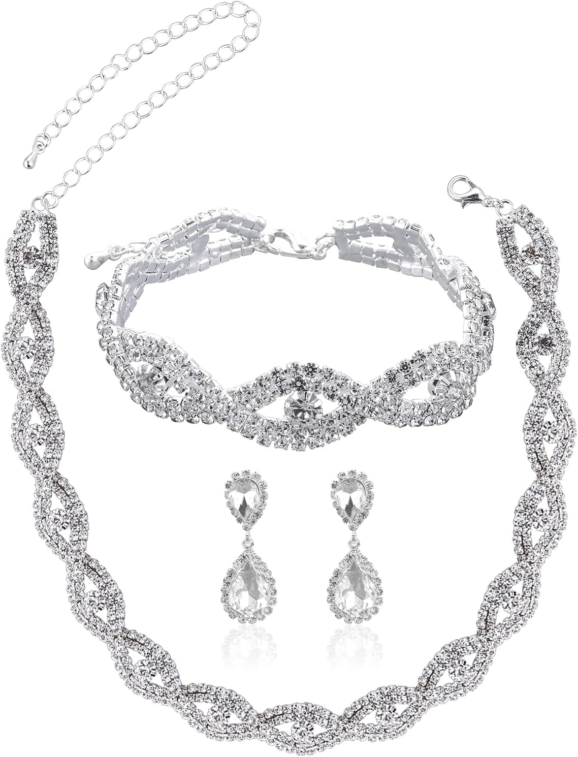 Rhinestone Bridal Jewelry Sets, for Women Crystal Necklace Earrings Bracelet Sets for Wedding Bridal Bridesmaid Gifts Evening Party Prom Jewelry Set