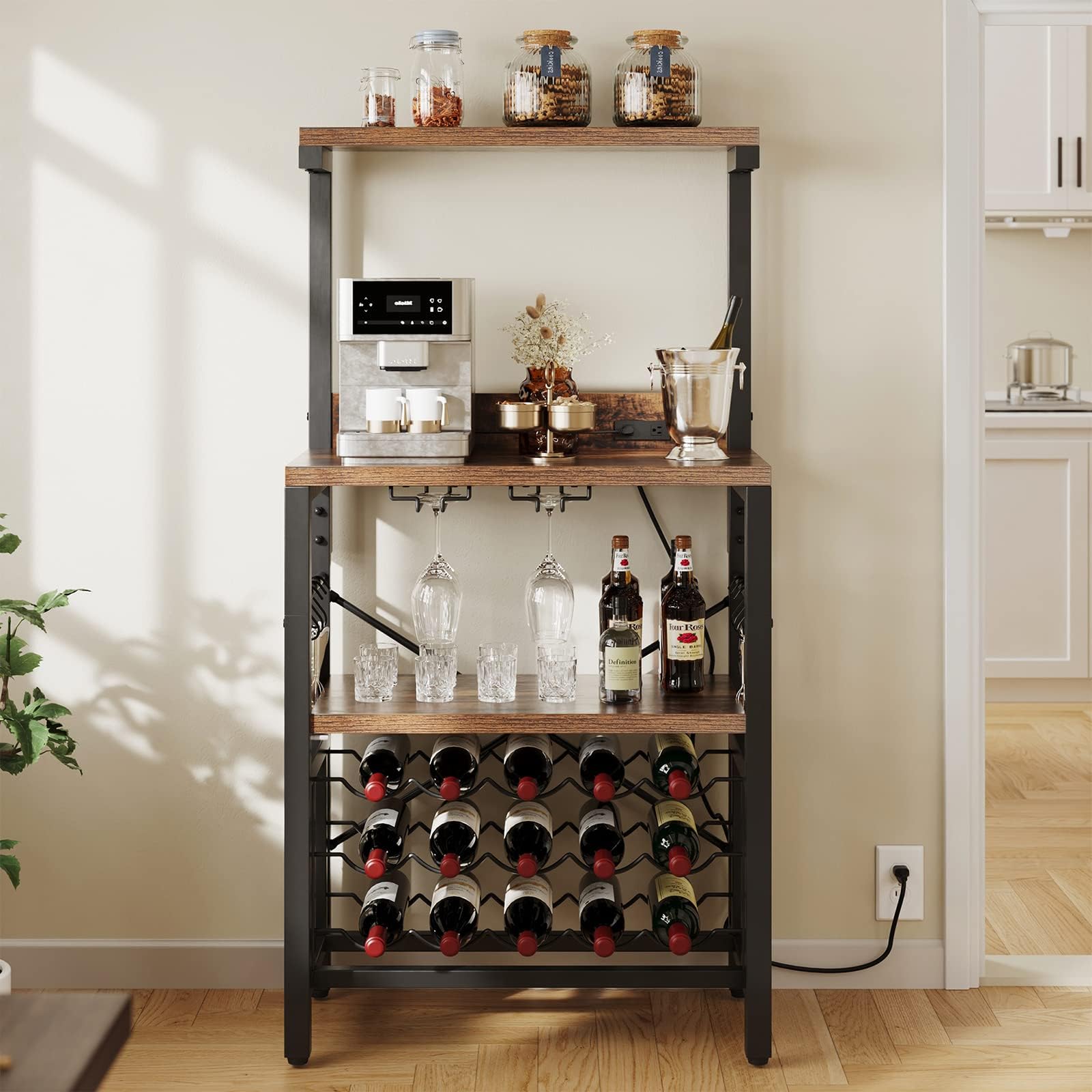 YITAHOME Kitchen Microwave Bakers Stand with Wine Rack, Wine Rack Freestanding Floor Small Storage Shelves for Liquor Bottle Glasses Power Outlet Farmhouse Coffee Bar 31 Inch, Rustic Brown