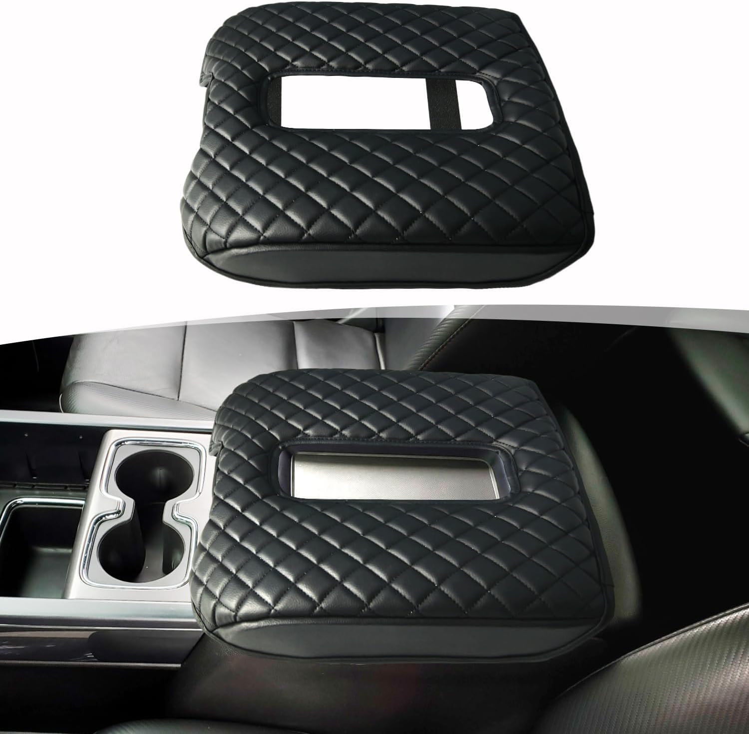 Center Console Armrest Cover for Chevy Chevrolet Silverado/GMC Sierra 2014-2018, Tahoe/Yukon/Suburban 2015-2020, PU Leather Middle Console Lid Protector Cushion Anti-Scratch Pad, Black(Bucket Seat)