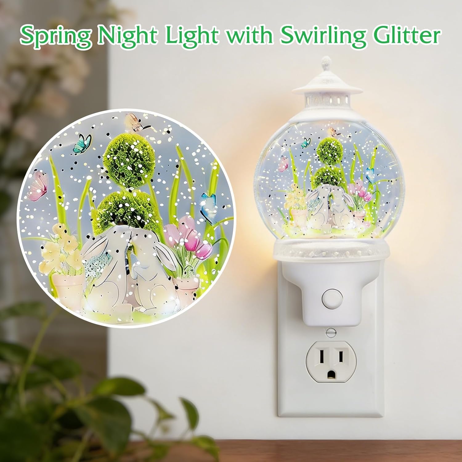 Spring Night Light Plug into Wall with Swirling Glitter, Rabbit Decorative Nightlight with USB or Outlet Power, Soft Ambient Bunny Light for Bedroom, Hallway, Nursery, Home Decor Gift