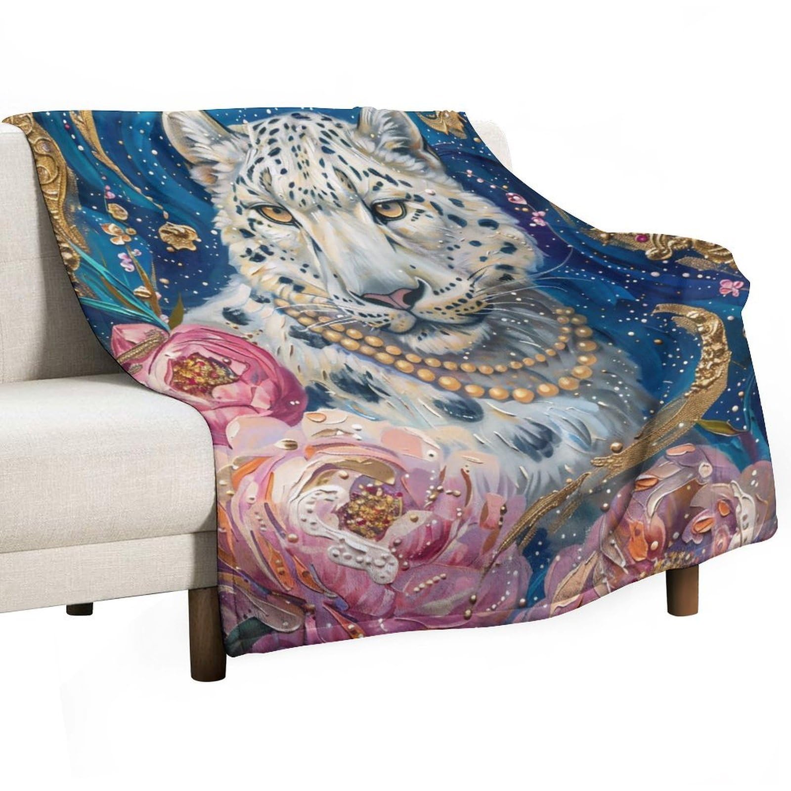 YHGSREUOH Opulent Snow Leopard with Pink Peonies 03 Flannel Blankets Fleece Soft Throw Lightweight Plush Gifts for Couch, Bed, Cozy Sofa Plush, Chair, Lovers 130x150cm(50x60in)