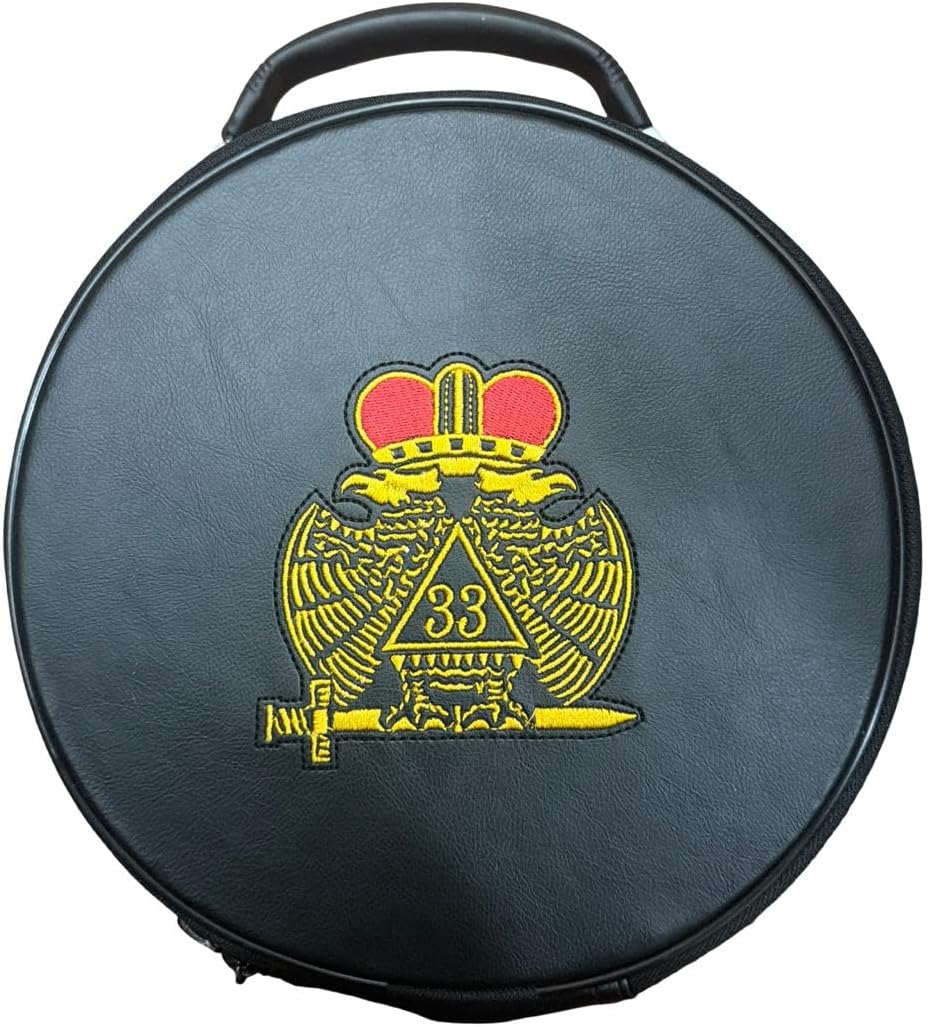 Masonic 33 Degree Black Crown Cap Case, Round Faux Leather Hat Case with Machine Embroidered Eagle, Double Zipper, Velvet Lined Storage