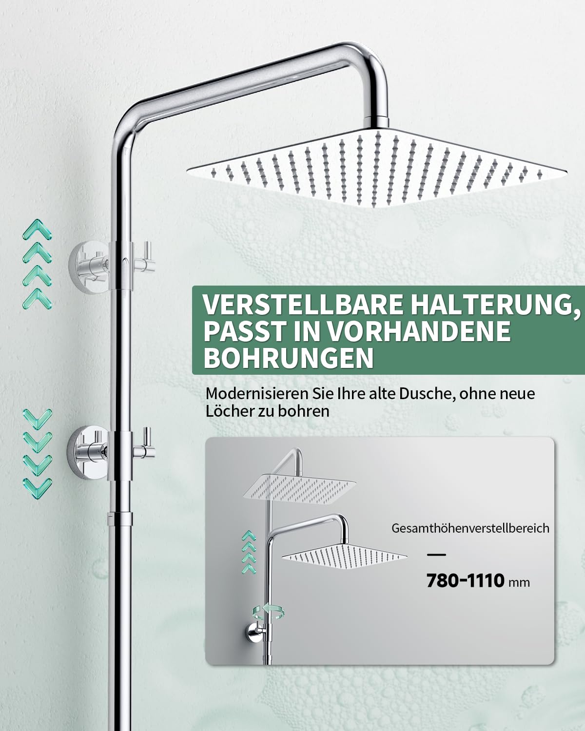 SunCleanse Regendusche ohne Armatur, Eckiger Duschkopf aus Edelstahl 25x25 cm, höhenverstellbar Duschstange von 75-110cm, Mit Hochdruck Handbrause, Duschsystem mit Messing-Umschaltventil, Chrom