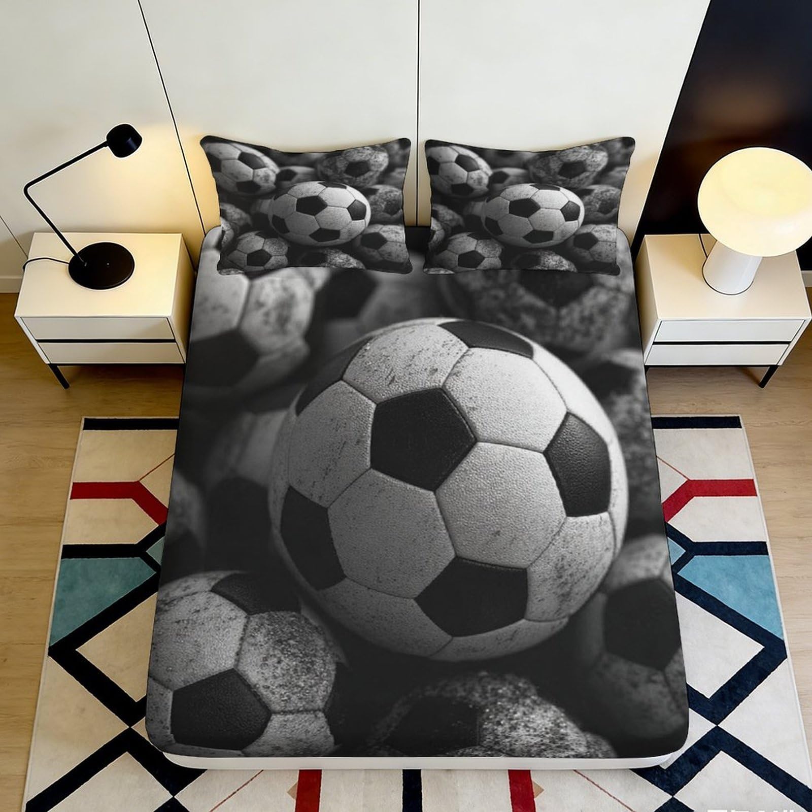 Uxinyoume Style-8 3D Printed Soccer Ball Fitted Sheet Microfiber Black White Football Mattress Cover For Bedroom Guest Room Easy Care 90X200x25cm