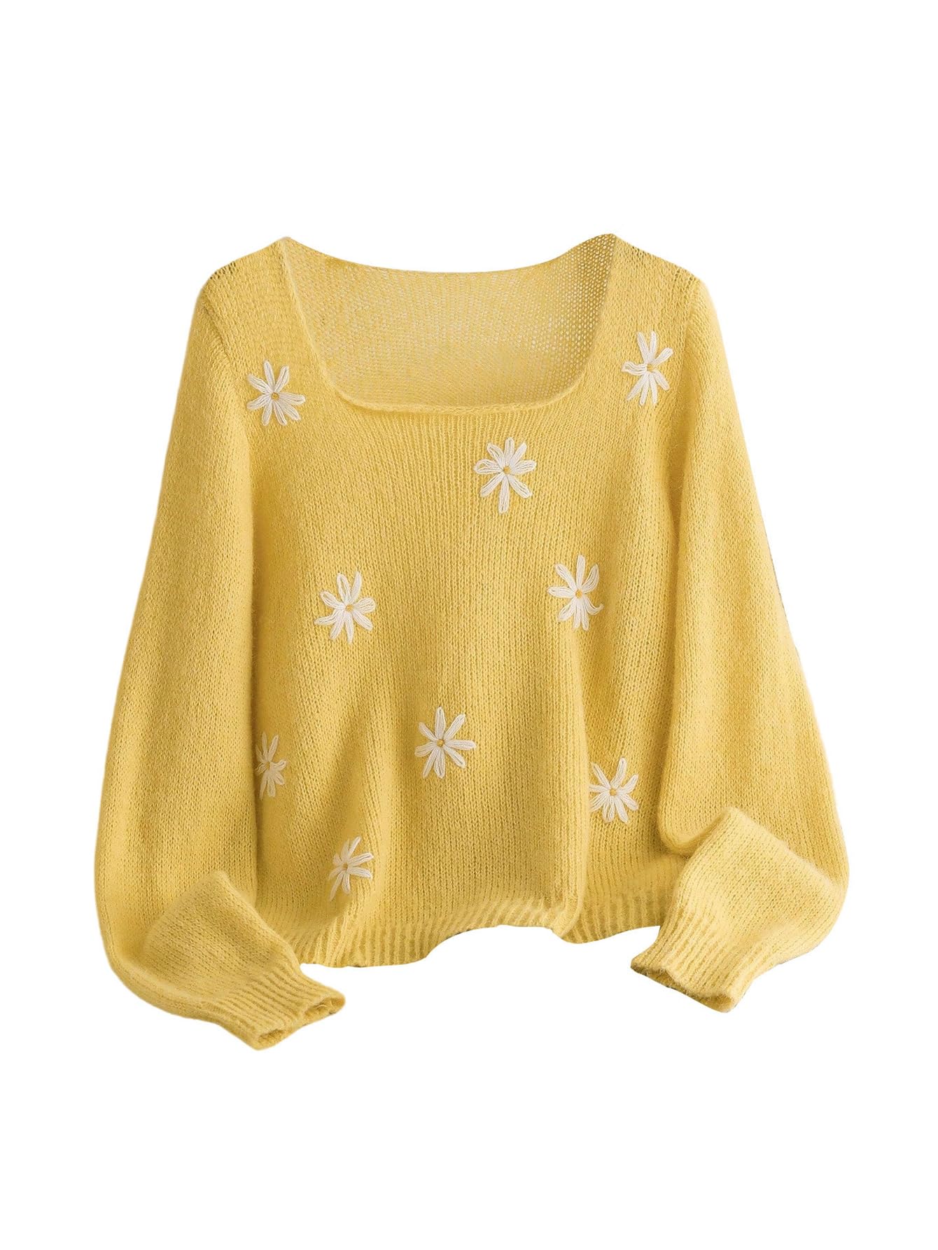 Womens Plus Size Floral Knit Sweater Square Neck Long Sleeve Pullover Jumpers