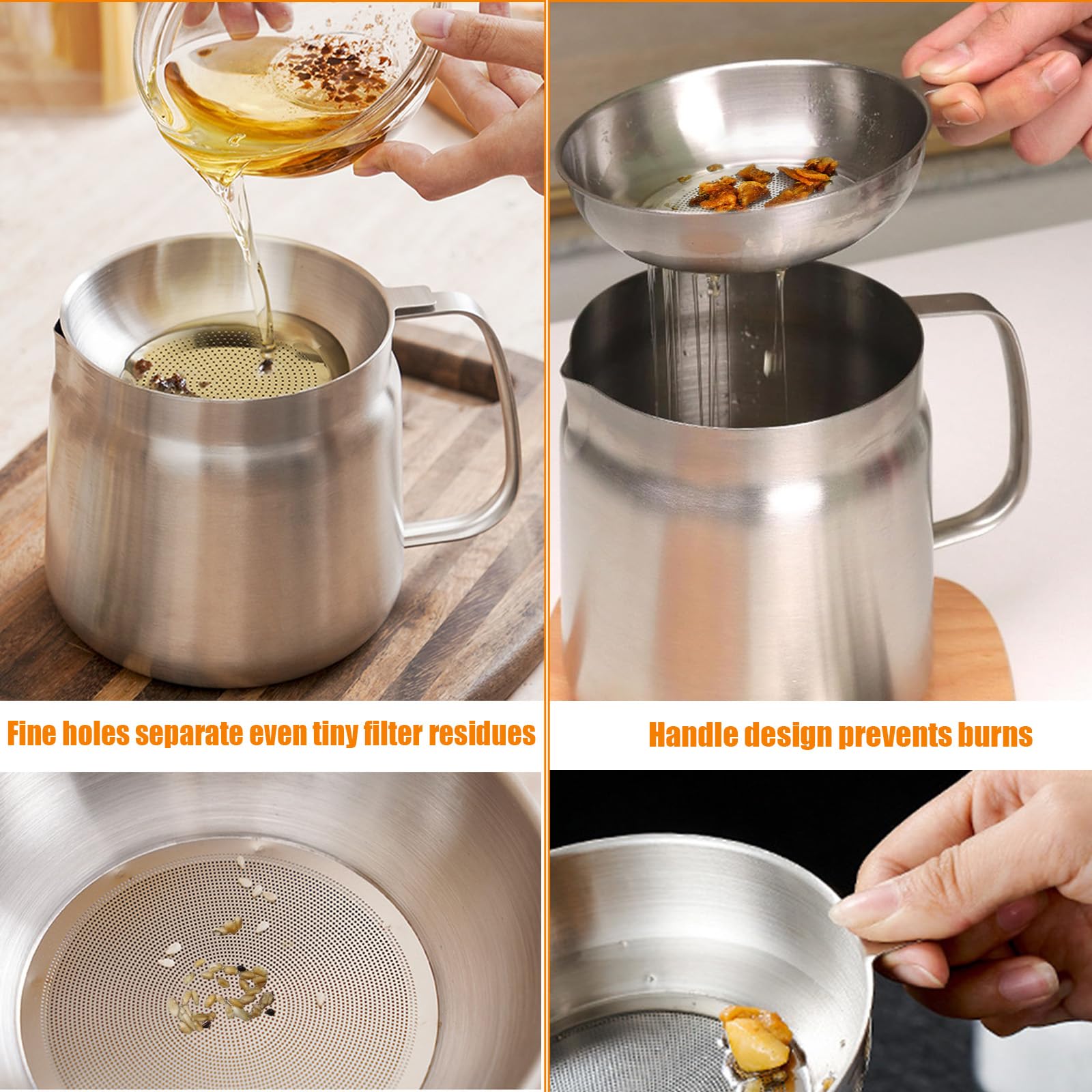Friteuse Acier Inoxydable 304 avec Mailles Filtre Fines & Filtrant Panier, Marmite Huile Multifonctionnelle 2L Couvercle Anti-Poussière, Récipient Graissee Poignée pour Graisse Cuisson Frire