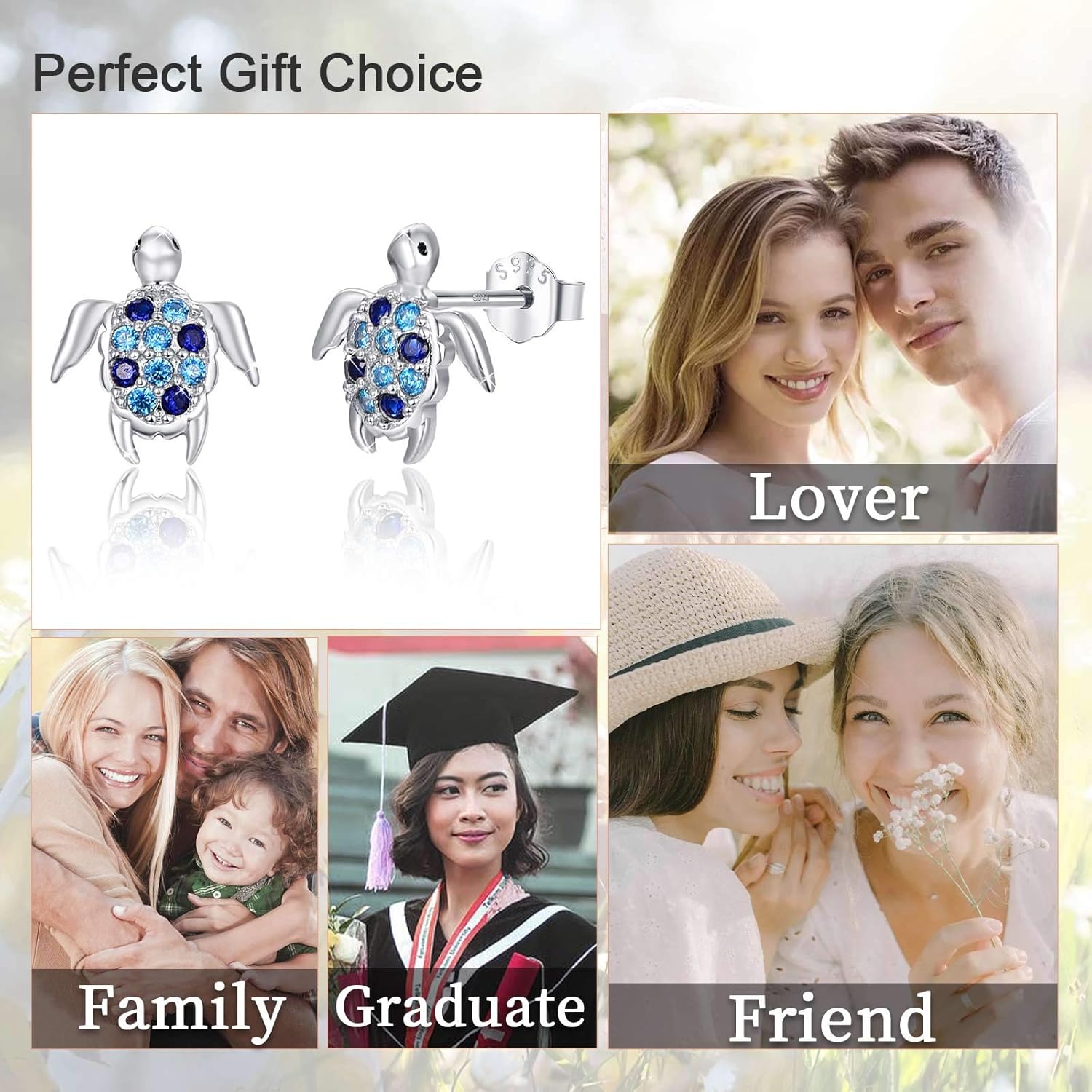 925 Sterling Silver Turtle Studs Earrings with Graduated Blue Cubic Zirconia, Sea Tortoise Nautical Jewelry Mother Day for Women Mom Wife Girlfriend with Box - Image 4