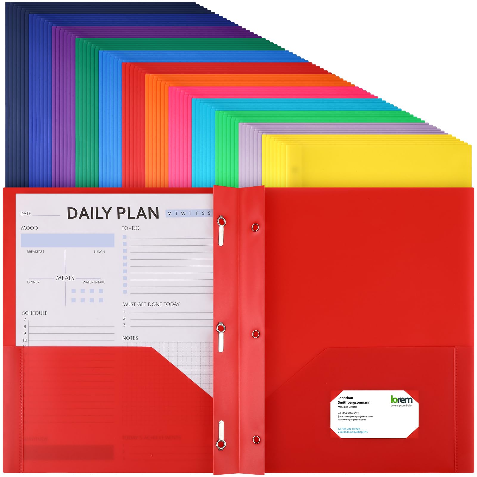 Cholemy 72 Packs Pocket Folders with Prongs Heavy Duty Plastic Folder with Business Card Slot with 3 Prong Fasteners for School Office (Bright)