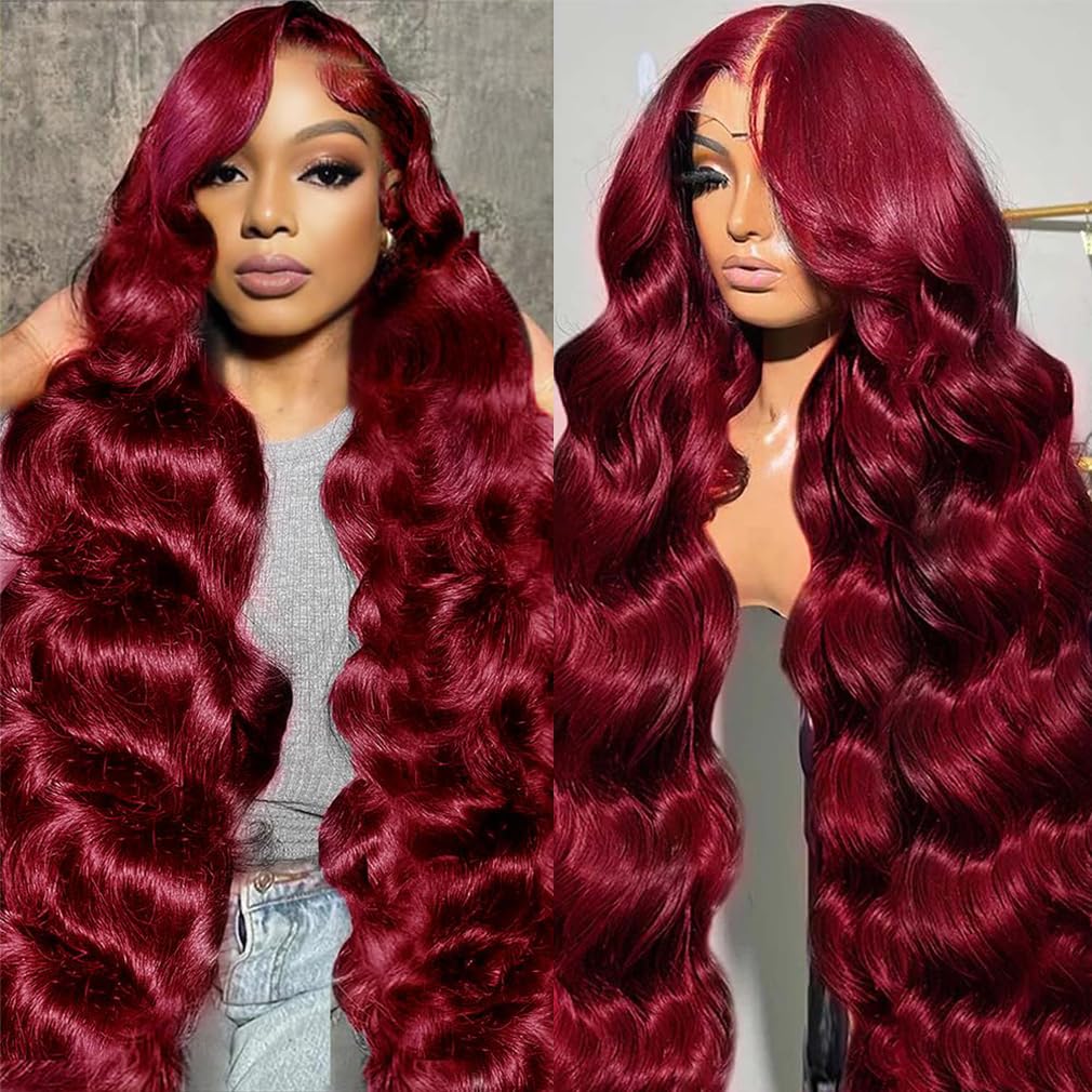 99j Burgundy Lace Front Wigs Human Hair 20 Inch Body Wave Lace Front Wigs Pre Plucked 180 Density 13x6 HD Burgundy Wig,100% Real Human Hair No