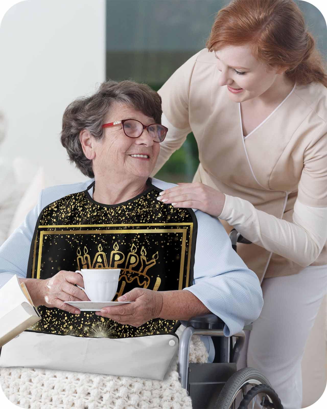 Sabolny Gold Black Adult Bib for Eating with Crumb Catcher, Washable & Waterproof Terry Cloth Adjustable Elderly Women Men Adult Bibs Funny Apron Reusable Clothing Protector Happy Birthday Boho Dots