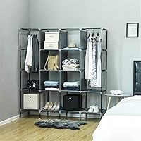 Vista 3 de 67" Portable Wardrobe Closet, Wardrobe Closet for Hanging Clothes with 2 Hanging Rods, 12 Clothes Storage Organizer Shelves, Non-Woven Fabric Grey