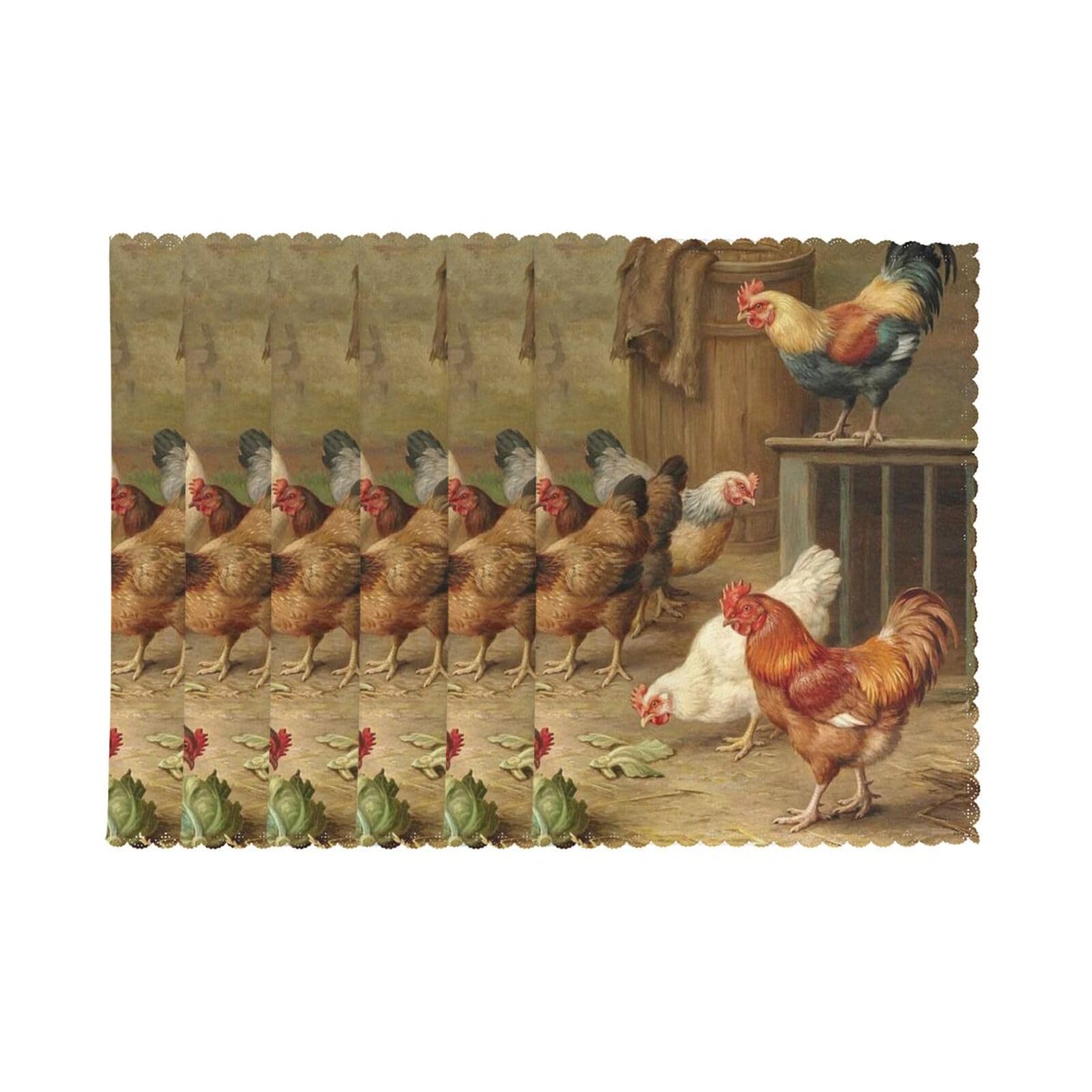 6 PCS Heat Resistant Placemat 45x30 CM, Roast Chicken Hen Farm Printed Non-Slip Place Mats for Kitchen Dining Table Indoor Outdoor