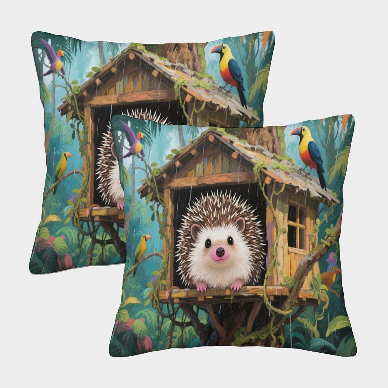 EMYXPAQM Hedgehog Cushion Covers Set of 2, Hedgehog in Treehouse Throw Pillow Covers Polyester Washable Decor Home for Livingroom Couch Bed Sofa 50x50cm