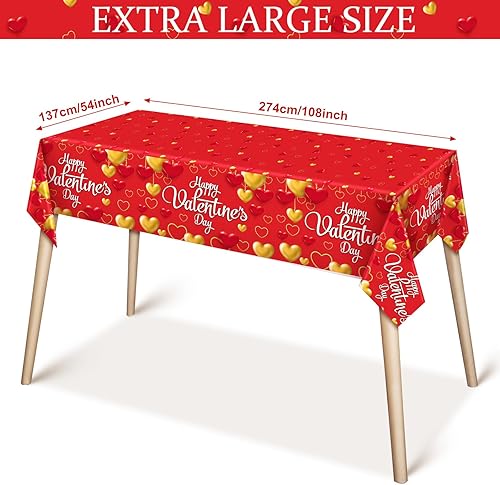 Miniatura 2 de WovWeave Mantel rectangular de 3 piezas de San Valentín, diseño de corazón rojo dorado, desechable, de plástico, impermeable, para decoración de