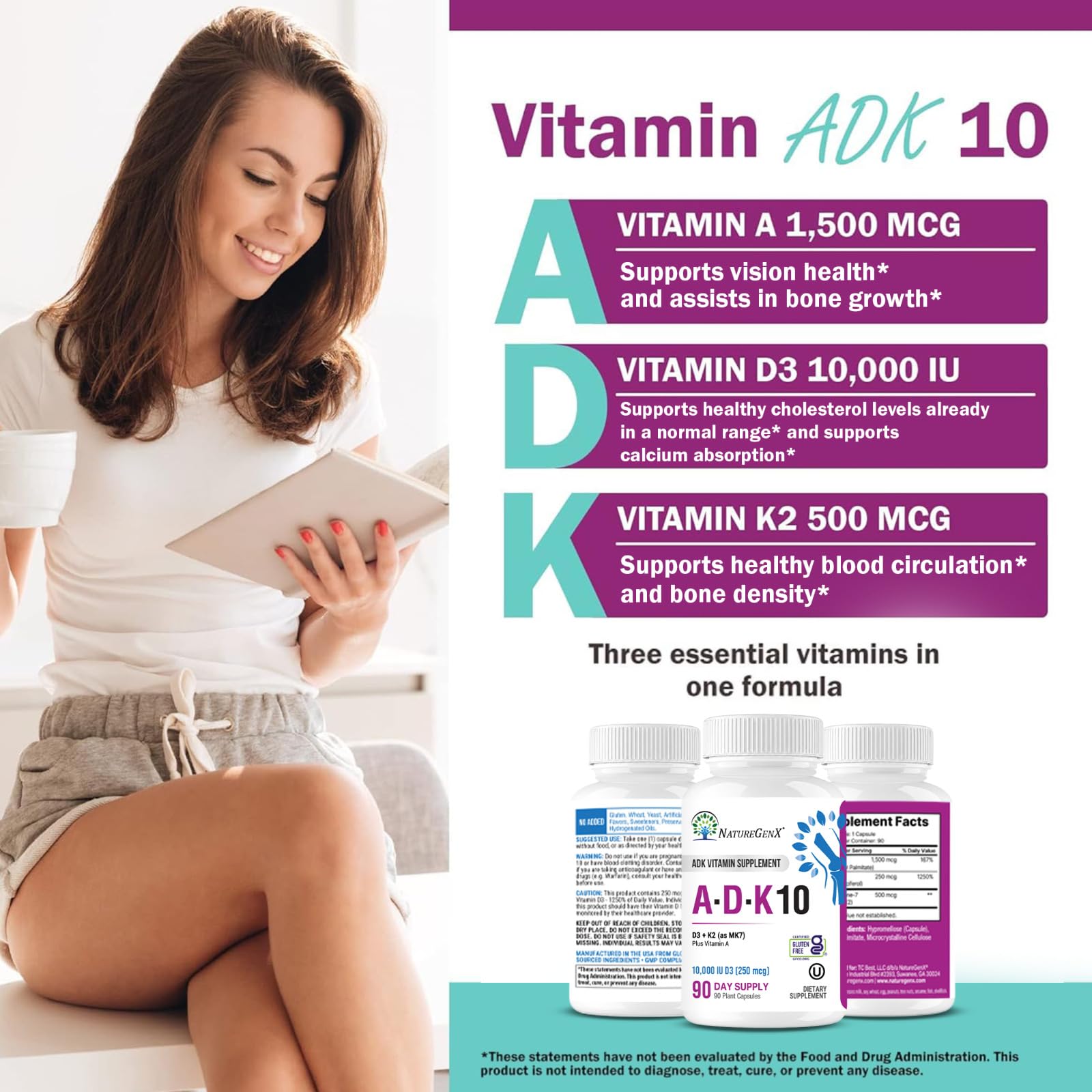 NatureGenX ADK10 Vitamin Supplement - Vitamin A, D3 250 mcg & K2 MK-7 — Amazon image 3