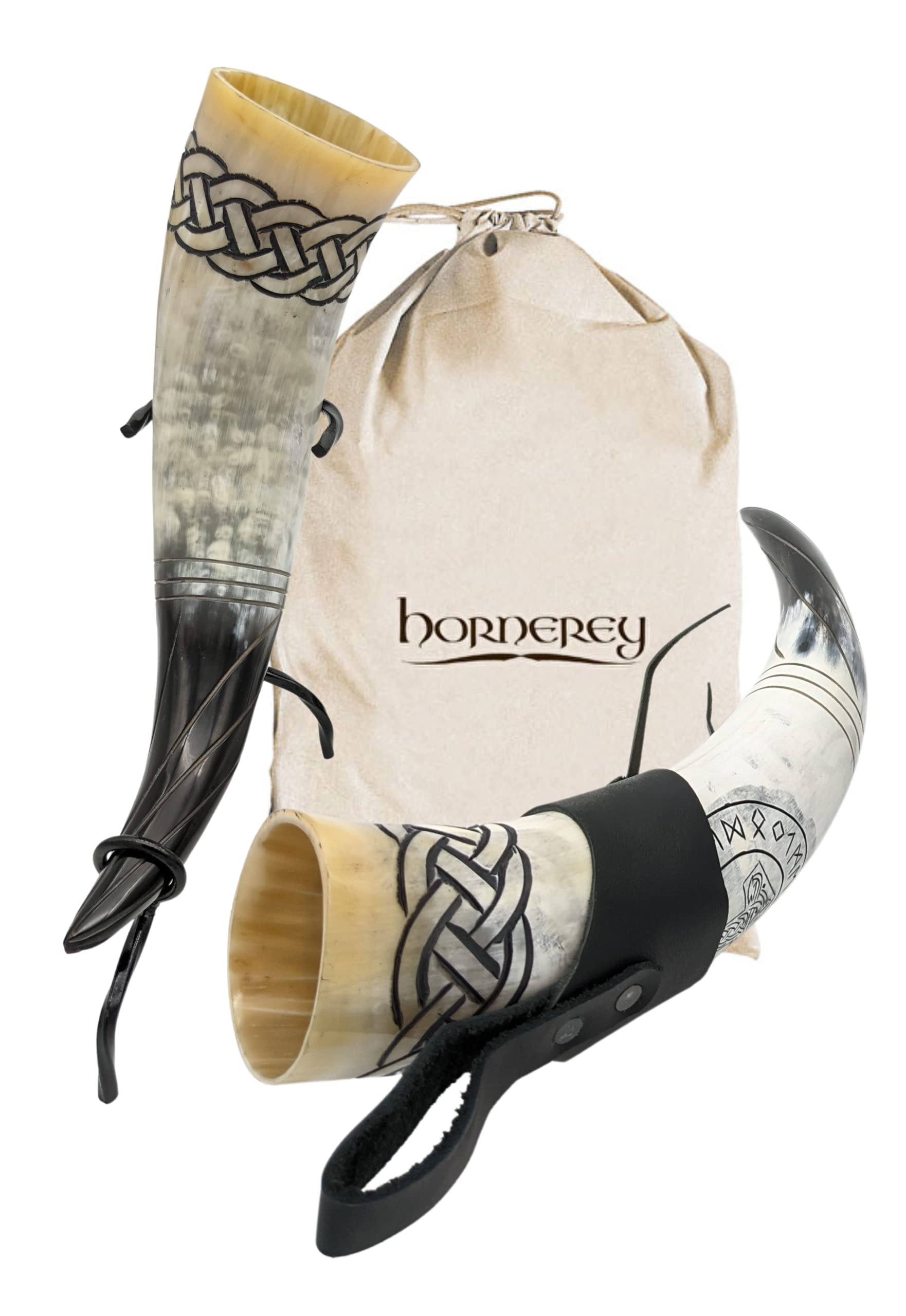 Corne à boire de Thor, 500 ml, Médiévale, Gravures nordiques, Mjölnir et nœuds nordiques, Kit Viking avec support et porte-ceinture en cuir
