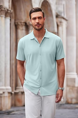 Miniatura 116 de COOFANDY Camisa casual con botones para hombre, manga corta, sin arrugas, camisa de verano