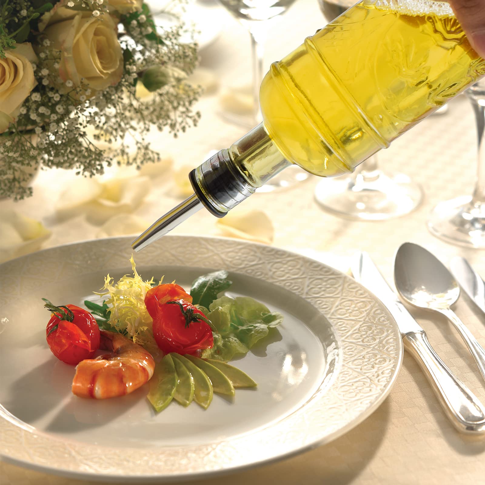 eleganttime Juego de 2 dispensadores de aceite y vinagre de vidrio de 16 onzas, botella dispensadora de aceite de oliva superior a prueba de fugas, fuerte con corcho para cocinar en la cocina, con