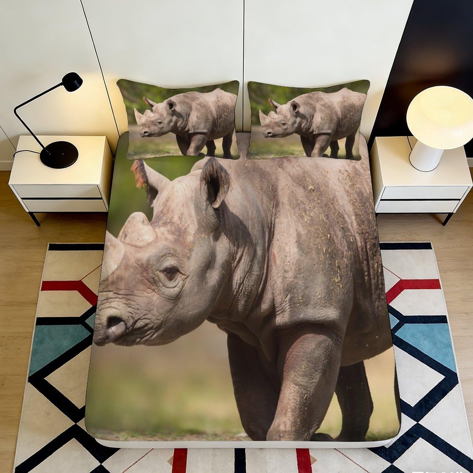 3D Printed Rhino Safari Fitted Sheet Microfiber Soft Skin-Friendly African Grassland Bed Cover for Bedroom Dorm Decoration 90x200x25cm