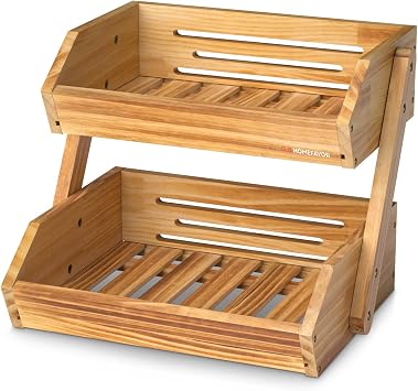 Fruit Basket, 2 Tier Wooden Fruit Basket Bowl Holder for Kitchen, Bread Fruit Storage Basket Wooden Vegetable Rack