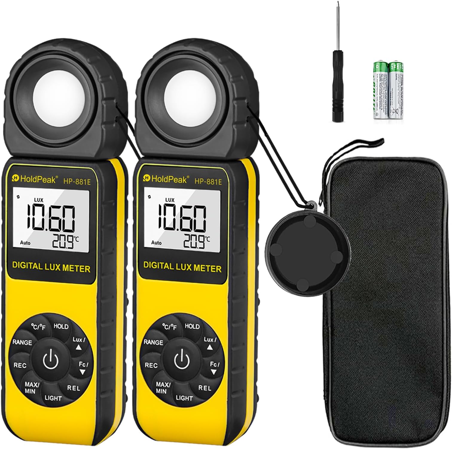 Digital Light Meter (2PCS) - HOLDPEAK 881E Digital Illuminanc/Light Meter with 0.01~300,000 Lux (0.01~30,000 FC) Measuring Ranges and 270° Rotatable Detector for LED Lights and Plants Lumen Meter