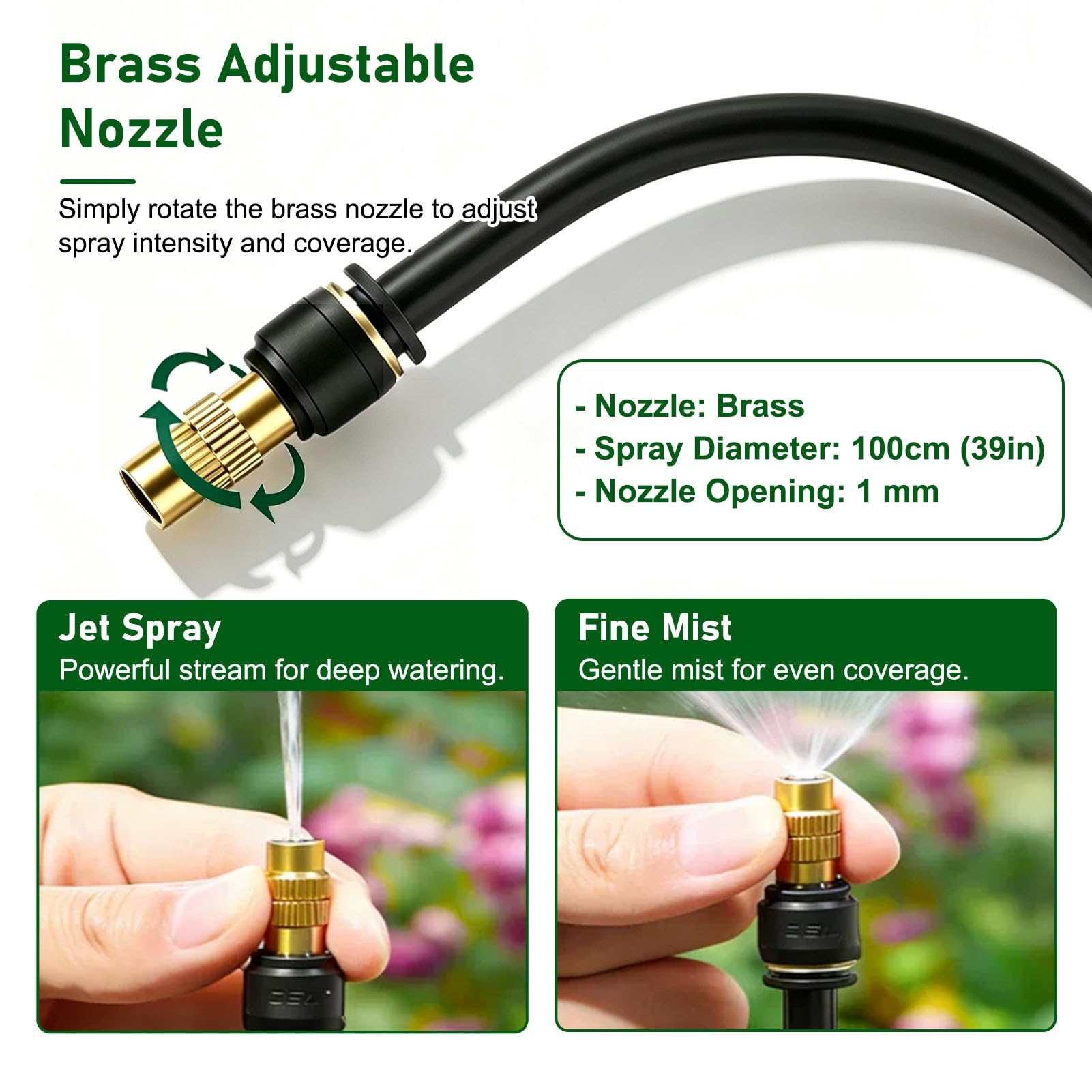 Kit Arrosage Automatique Kit de Système D'irrigation Goutte-à-Goutte Flexible | Kit de Brumisation Rafraîchissante Anti-fuite avec Tuyau en PE, Buses en Laiton Réglables et Raccords en T(65m/213ft)