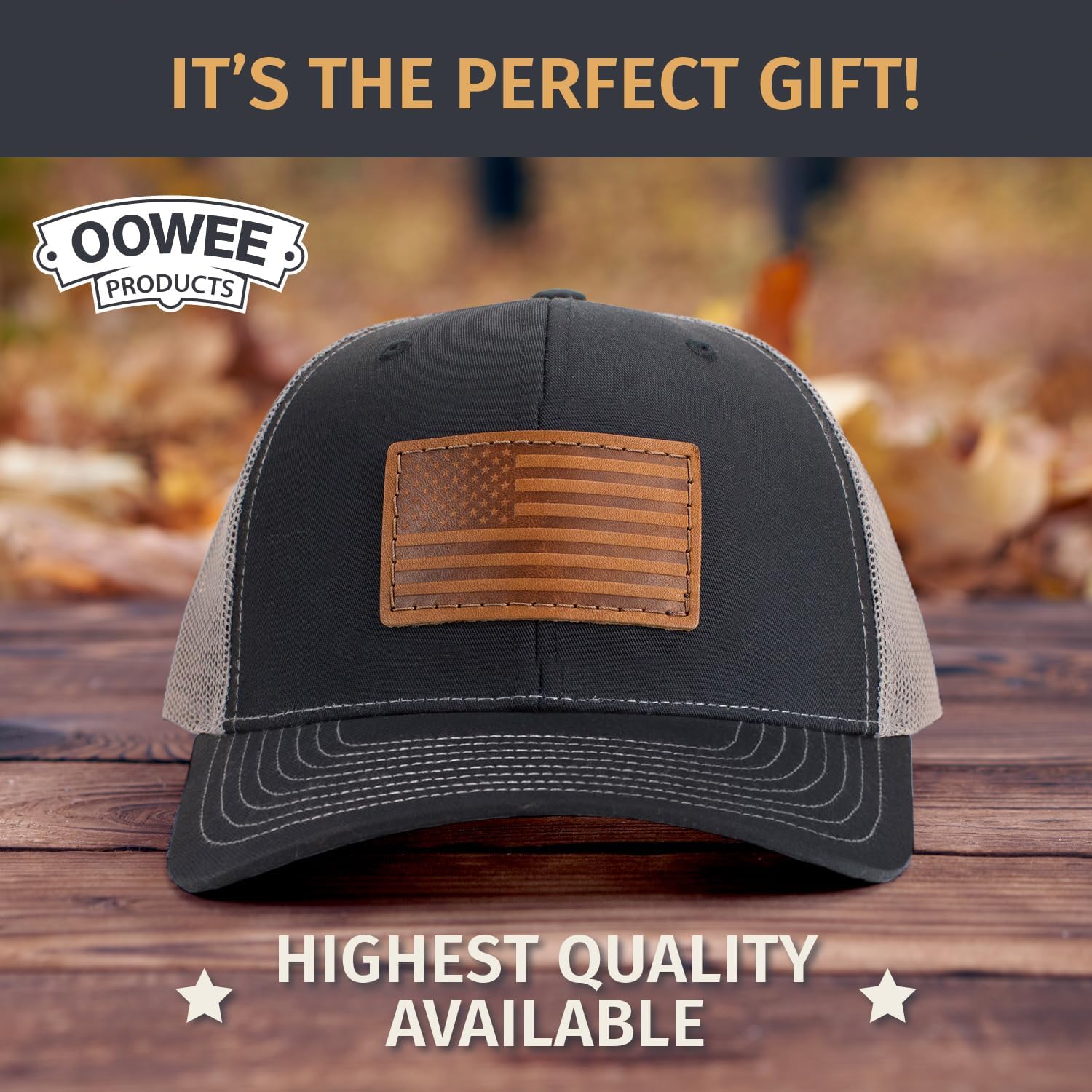 Leather Patch Hat for Men - Richardson 112 Trucker Hat w/Full-Grain Leather Patch, Laser-Engraved, Machine-Stitched - Image 4