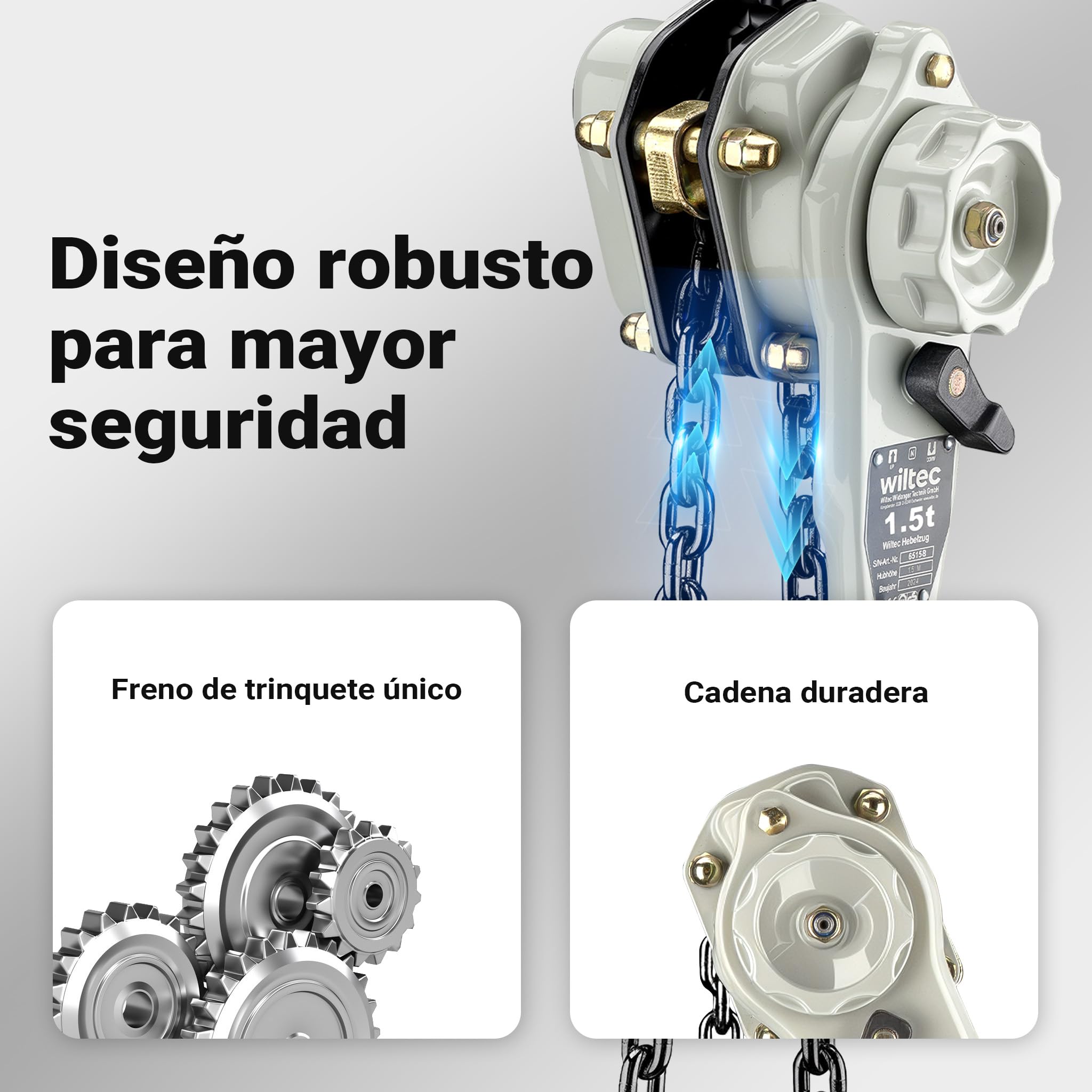 Wiltec Polipasto de palanca 3 t compacto y seguro con empuñadura giratoria 360°, freno doble, gancho de acero forjado, ideal para espacios reducidos, elevador de cadena manual resistente