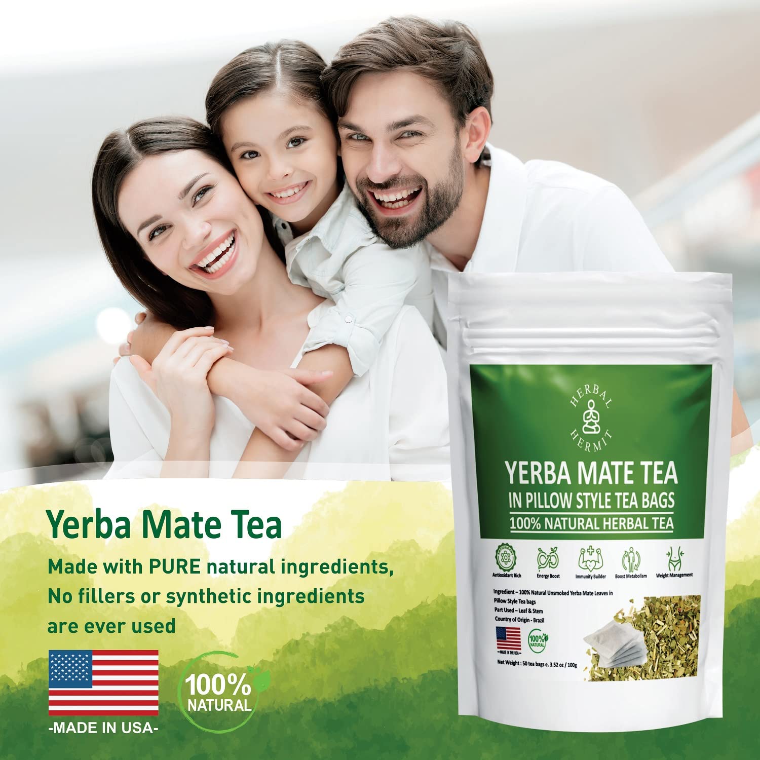 Herbal Hermit Yerba Mate herbal-teas with 50 tea bags Natural Yerba Matte Rich in Chlorophyll, Made in USA - Image 6