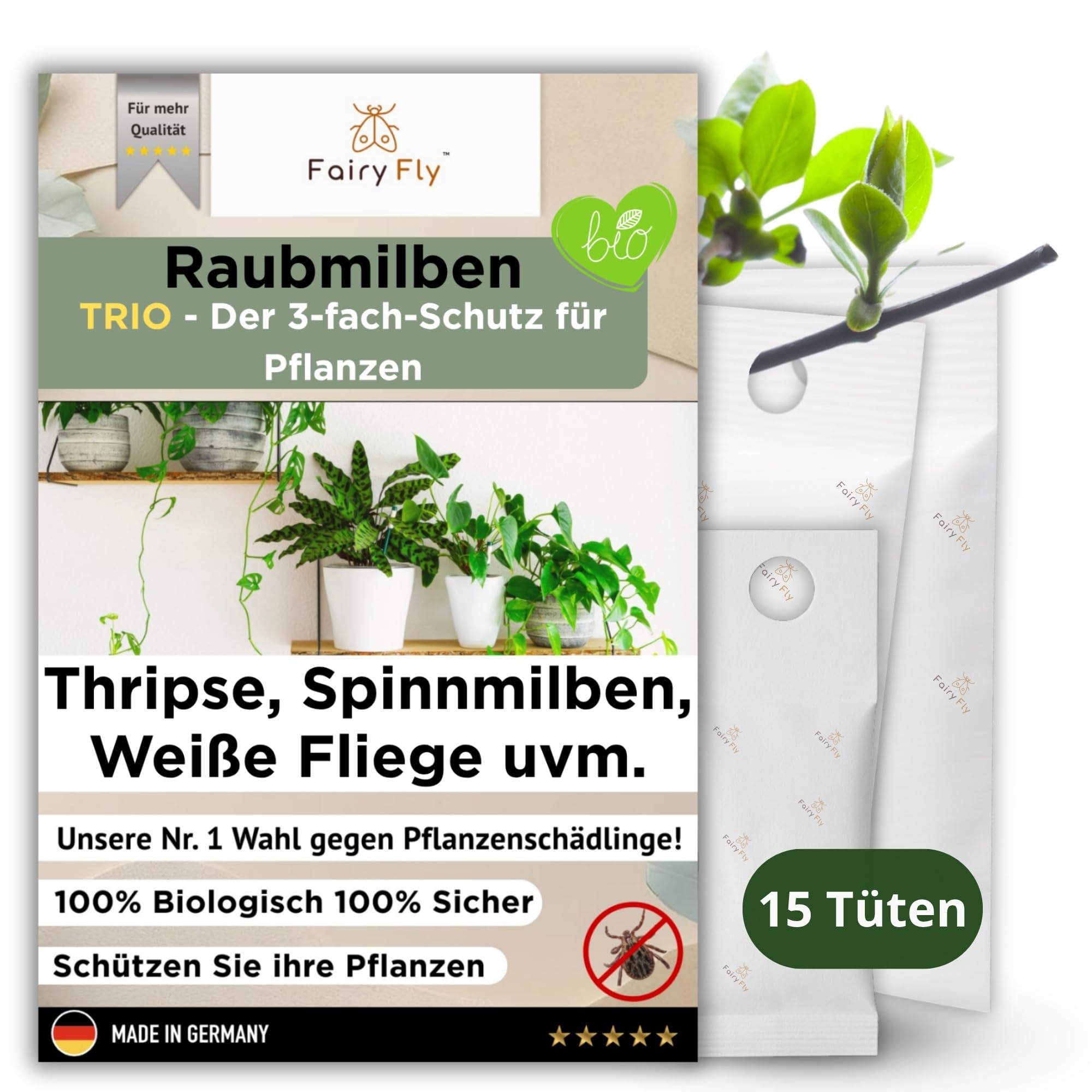 FairyFly Raubmilben TRIO – 15 Tüten mit 3 Raubmilben-Arten (Cucumeris, Californicus, Swirskii) für 3-Fach Schutz gegen Thripse, Spinnmilben & Weiße Fliegen – Für Gemüse-, Zimmer- & Zierpflanzen