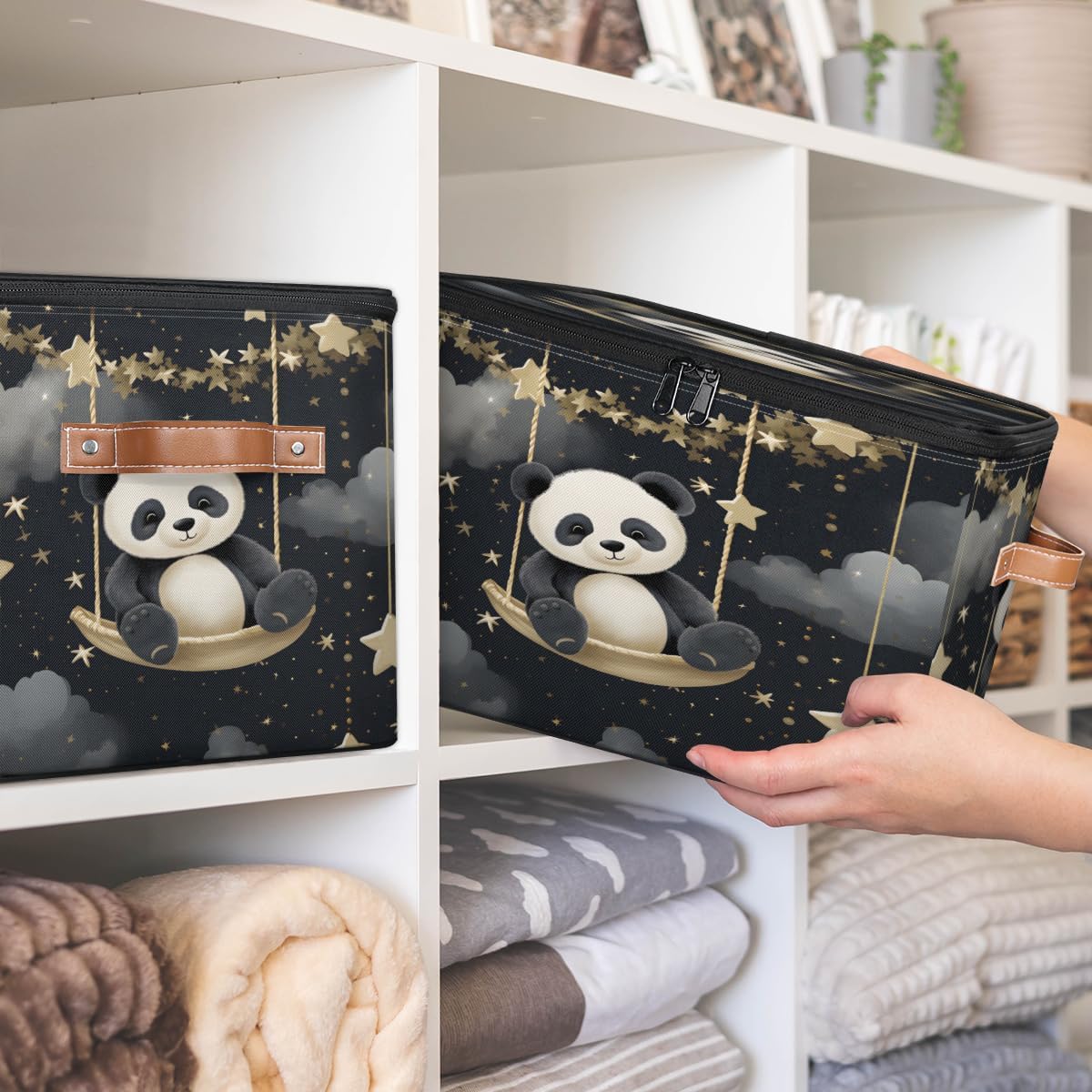 Storage Bin Set of 2 Cute Panda Storage Basket with Zipper Lid & Handle Foldable Closet Shelf 2 Pack Cloth Organizer Basket Cube Bins Clothes Organizer for Bedroom, Nursery