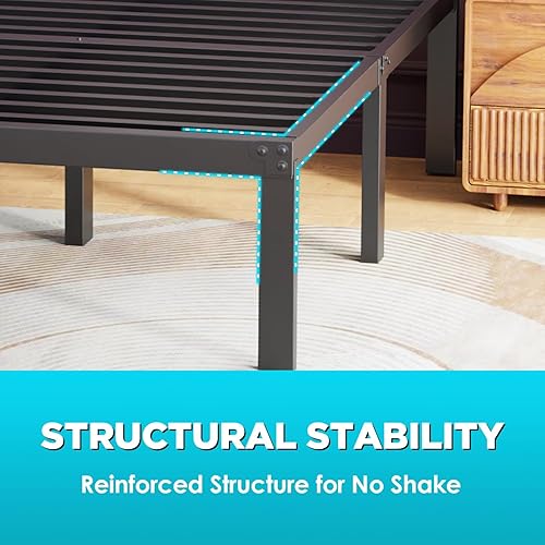 Miniatura 5 de Base de cama de metal con plataforma de cama de 18 pulgadas de alto, no necesita somier, listones de acero resistente, sin ruido, fácil montaje