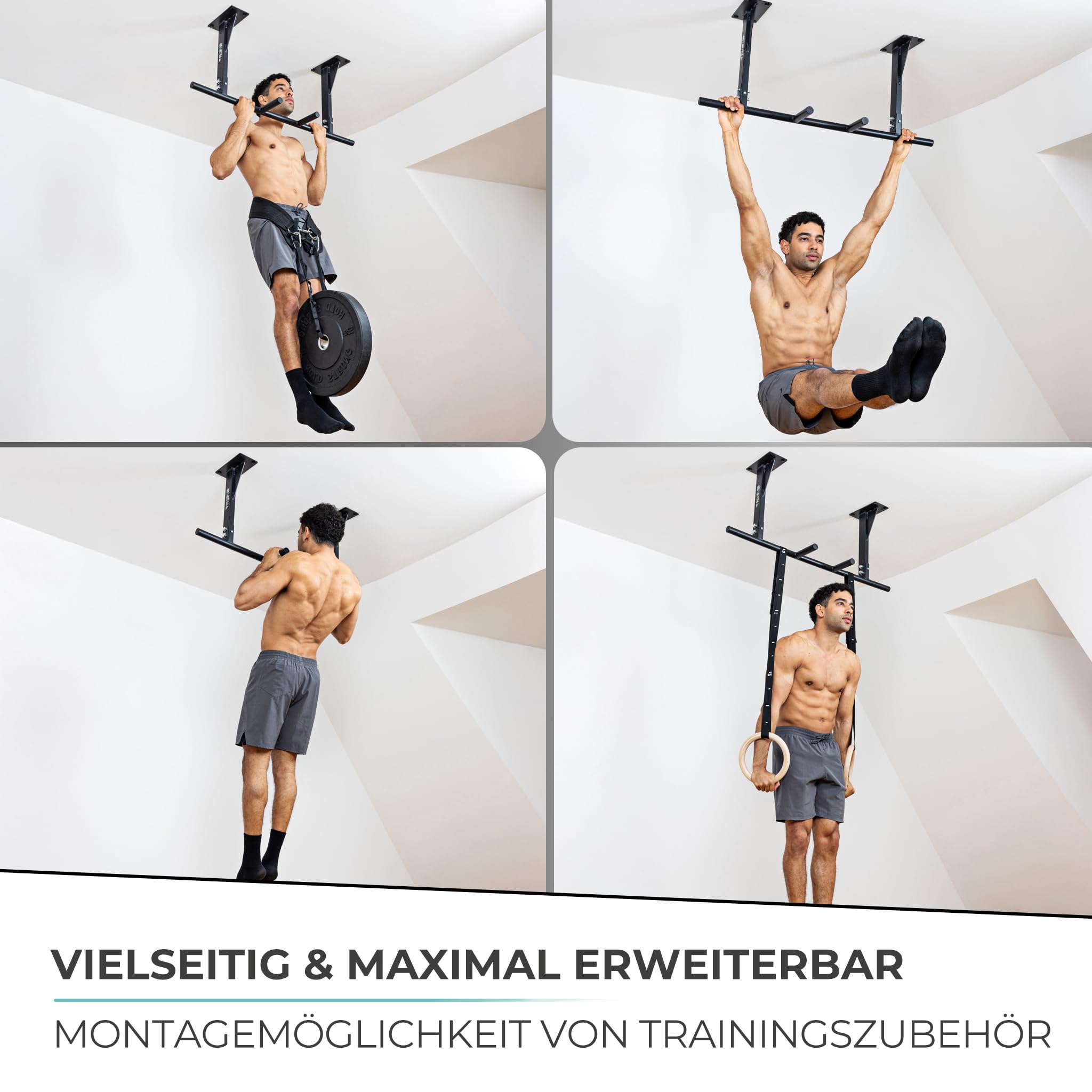PULLUP & DIP Klimmzugstange für Deckenmontage – Pull Up Bar & Reckstange für das Home Gym – Stabil & belastbar bis 180 kg – 5 Griffpositionen, Anti-Rutsch-Oberfläche – inkl. Klimmzugband & eBook