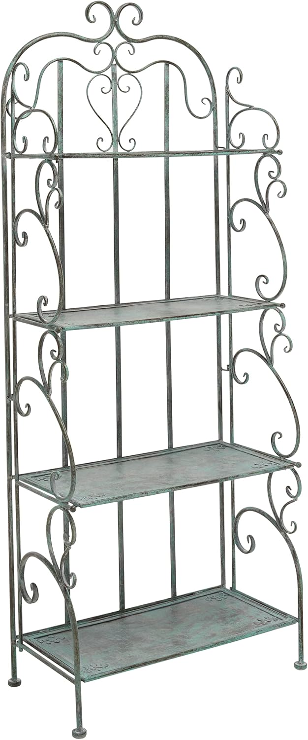 SAFAVIEH Outdoor Collection Tyrique Victorian Antique Dark Green Wrought Iron 4-Tier Shelf Unit