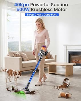 Cordless Vacuum Cleaner, 500W 40KPa 60Mins Vacuum Cleaners for Home, Wireless Vacumm Anti-Tangle Rechargeable Vacuum with Green Light for Pet Hair/Carpet/Hardwood Floor, Blue